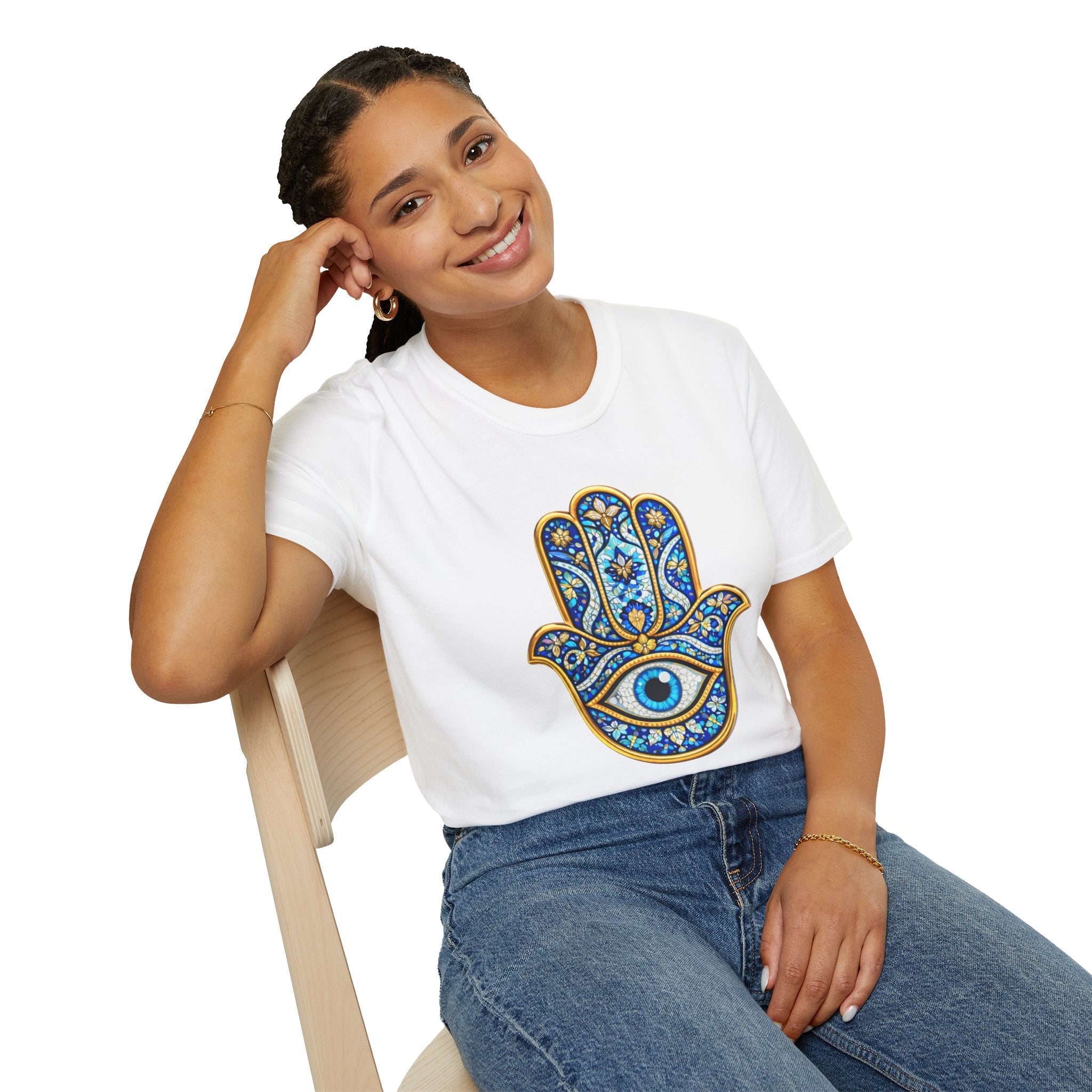 Hamsa Hand T-Shirt with Evil Eye – Blue Mosaic Protection Tee