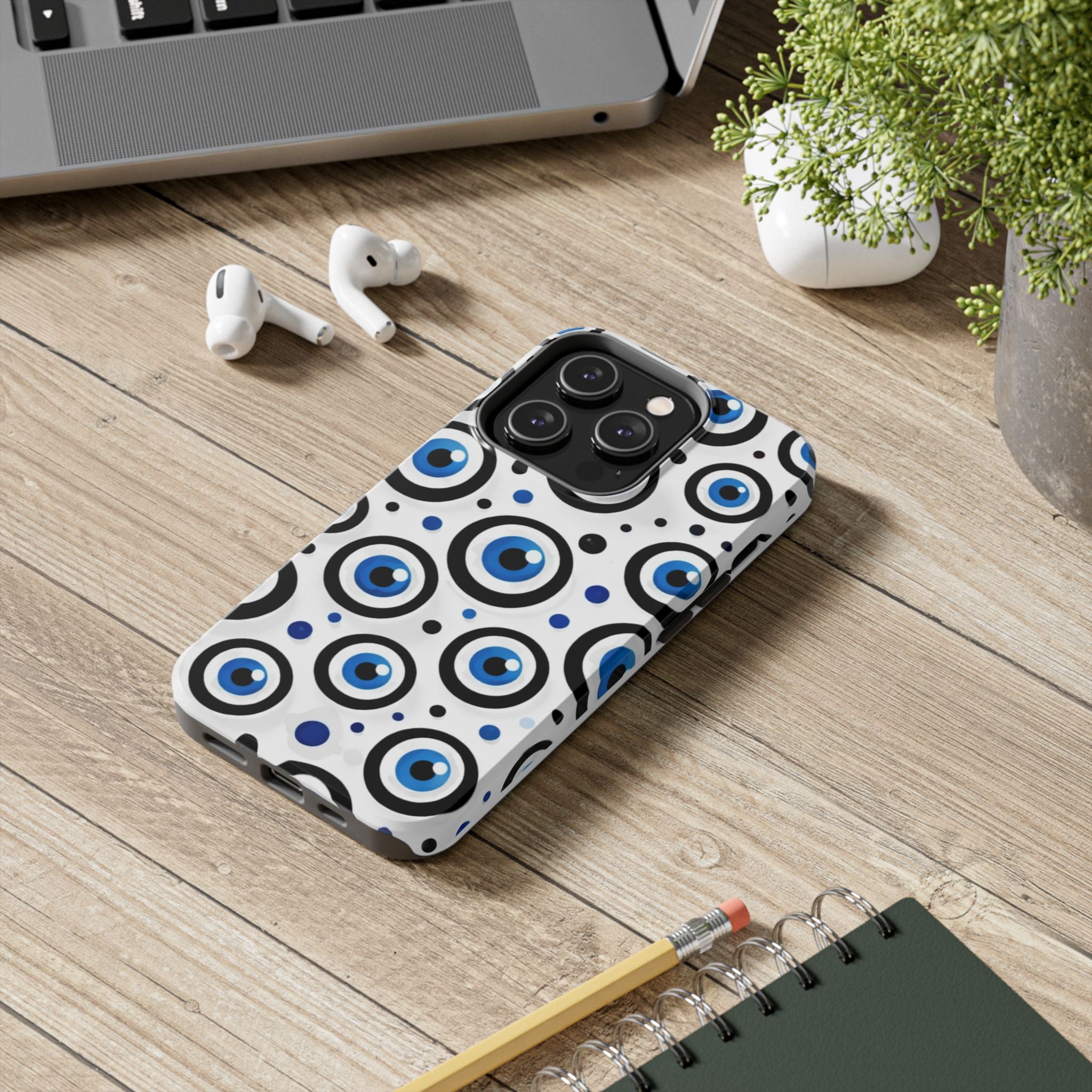 Blue Evil Eye Pattern Tough Phone Case — Protective Ceramic Nazar Design