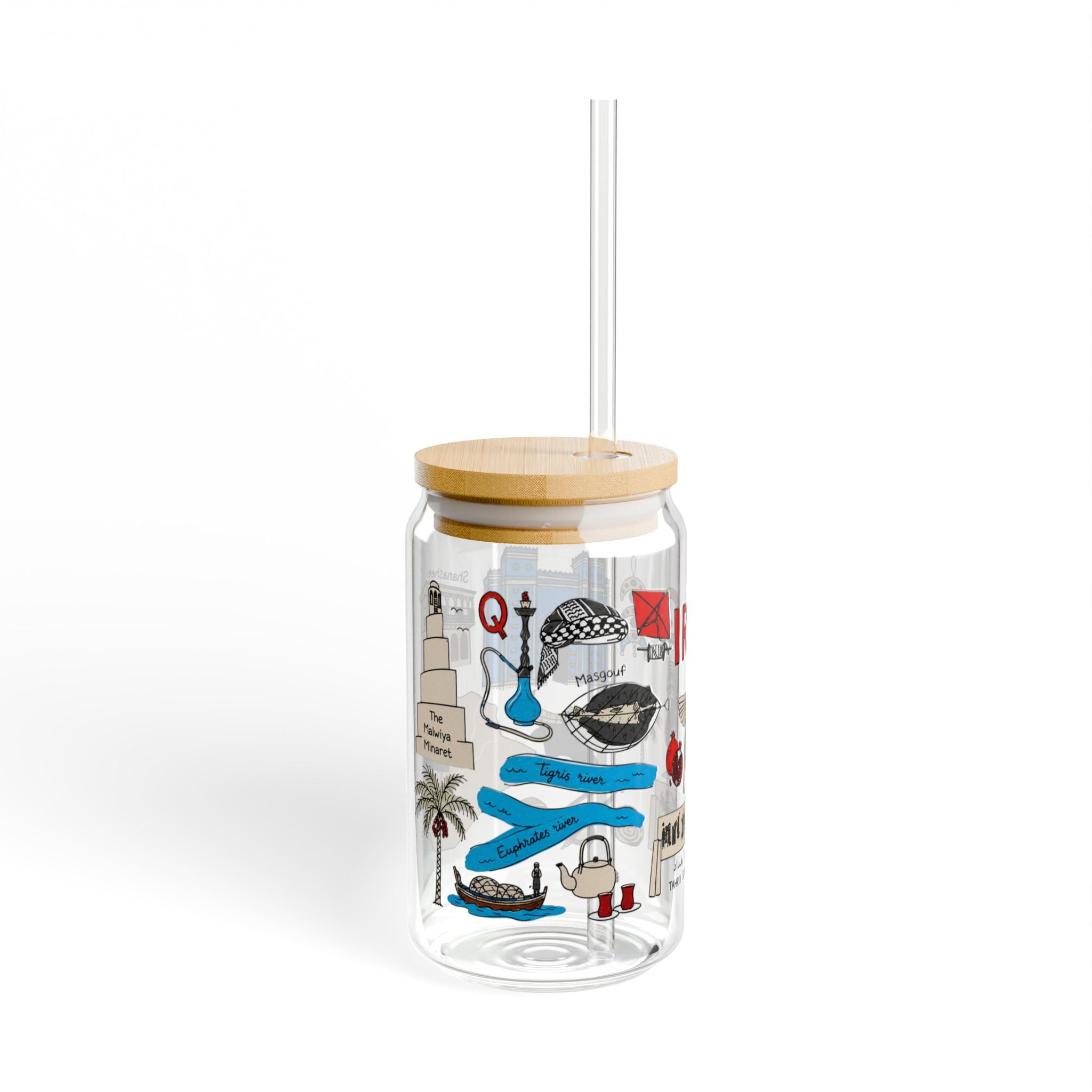 Iraq Travel Collage Sipper Glass — 16oz Souvenir Tumbler with Straw