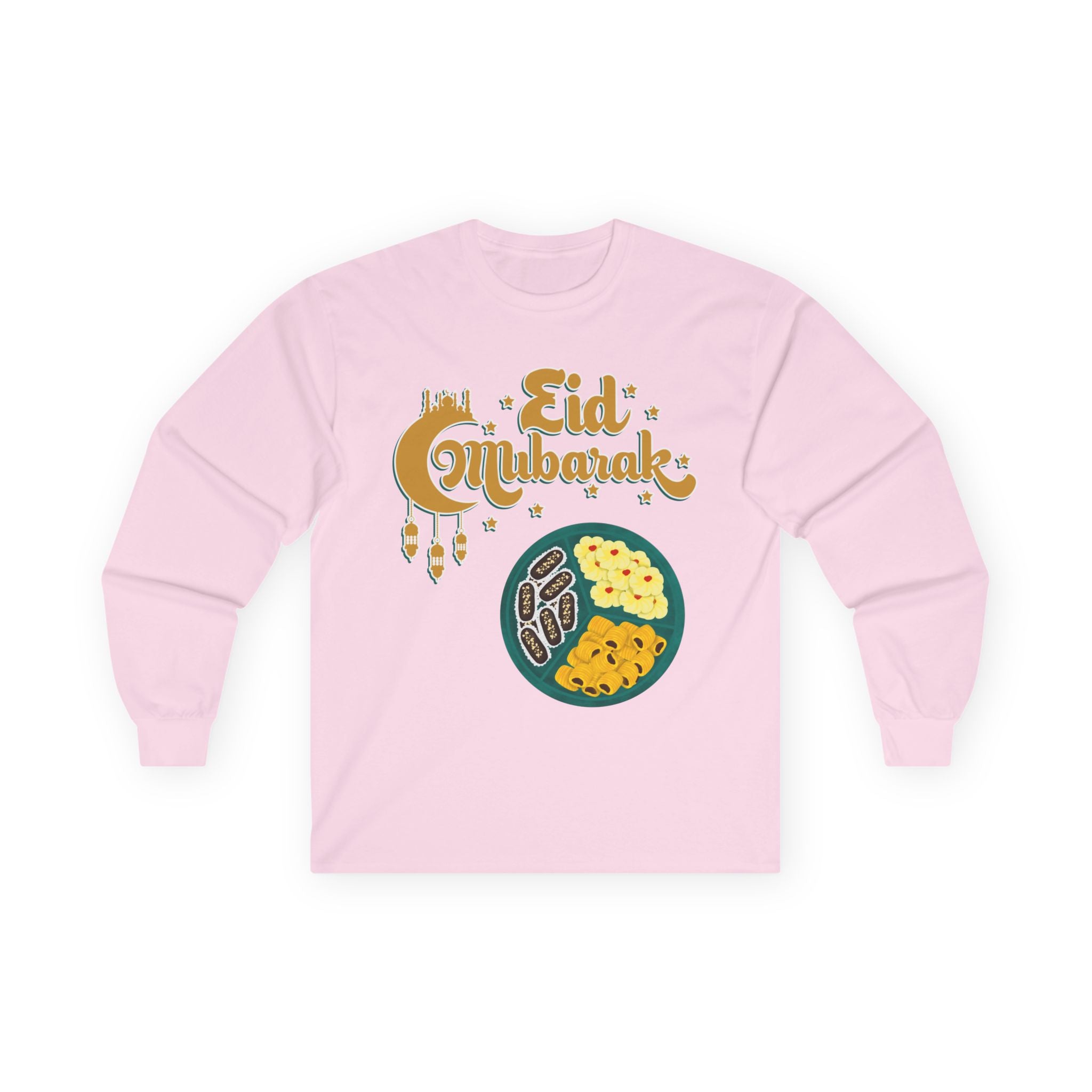 Eid Mubarak Long Sleeve Tee — Festive Ramadan Celebration Shirt with Dates & Sweets Design