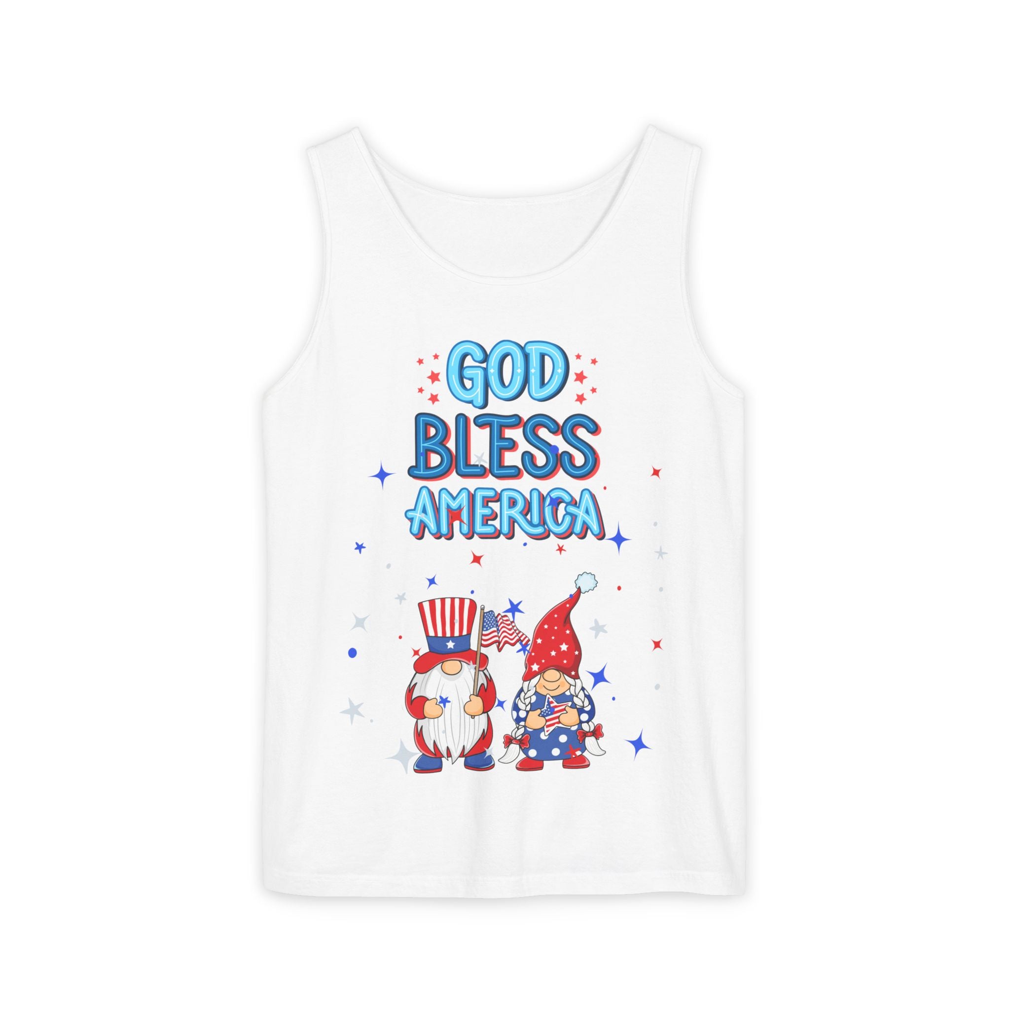 God Bless America Gnome Tank Top — Patriotic 4th of July Summer Shirt