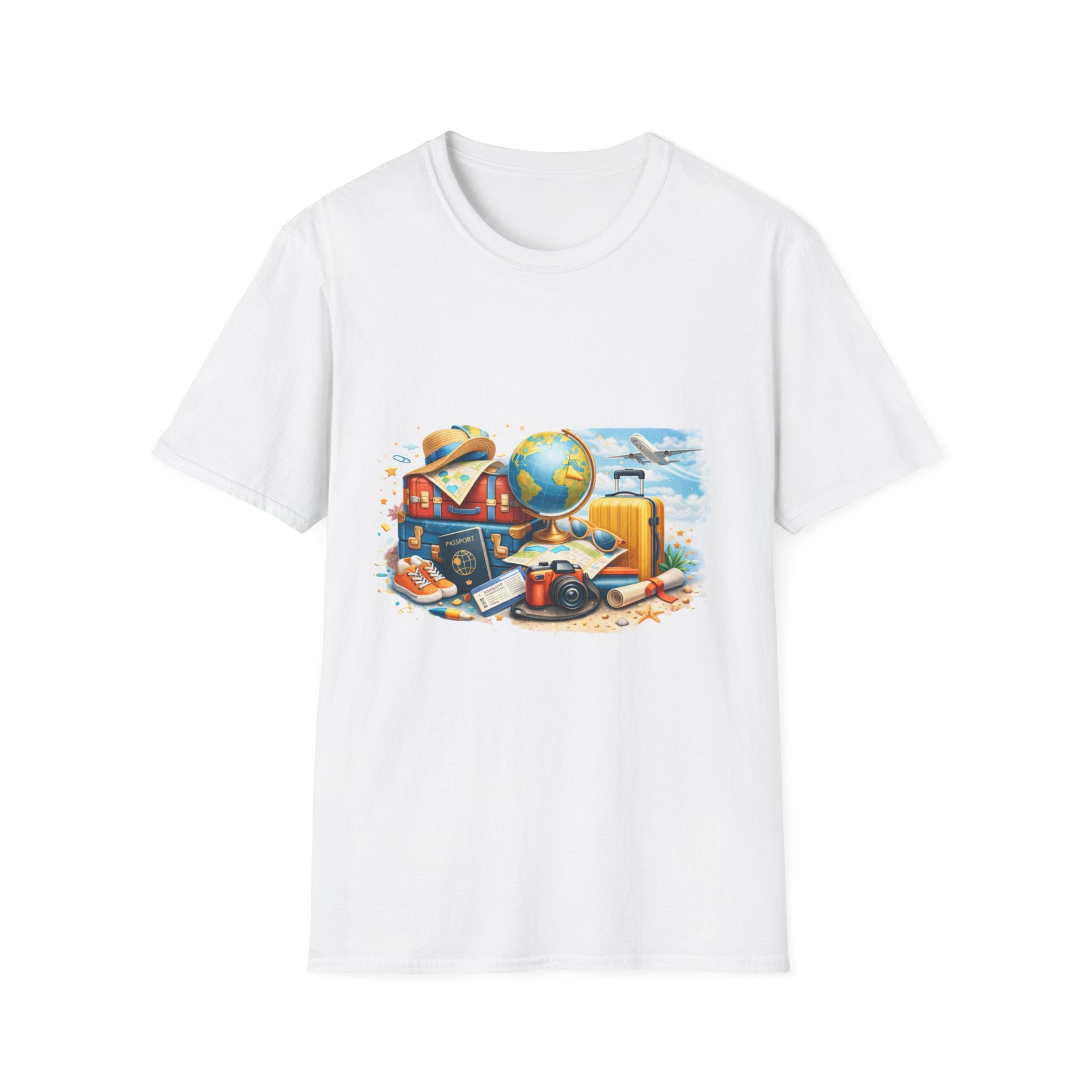 Travel Vibes T-Shirt — Retro Luggage, Globe & Camera Design