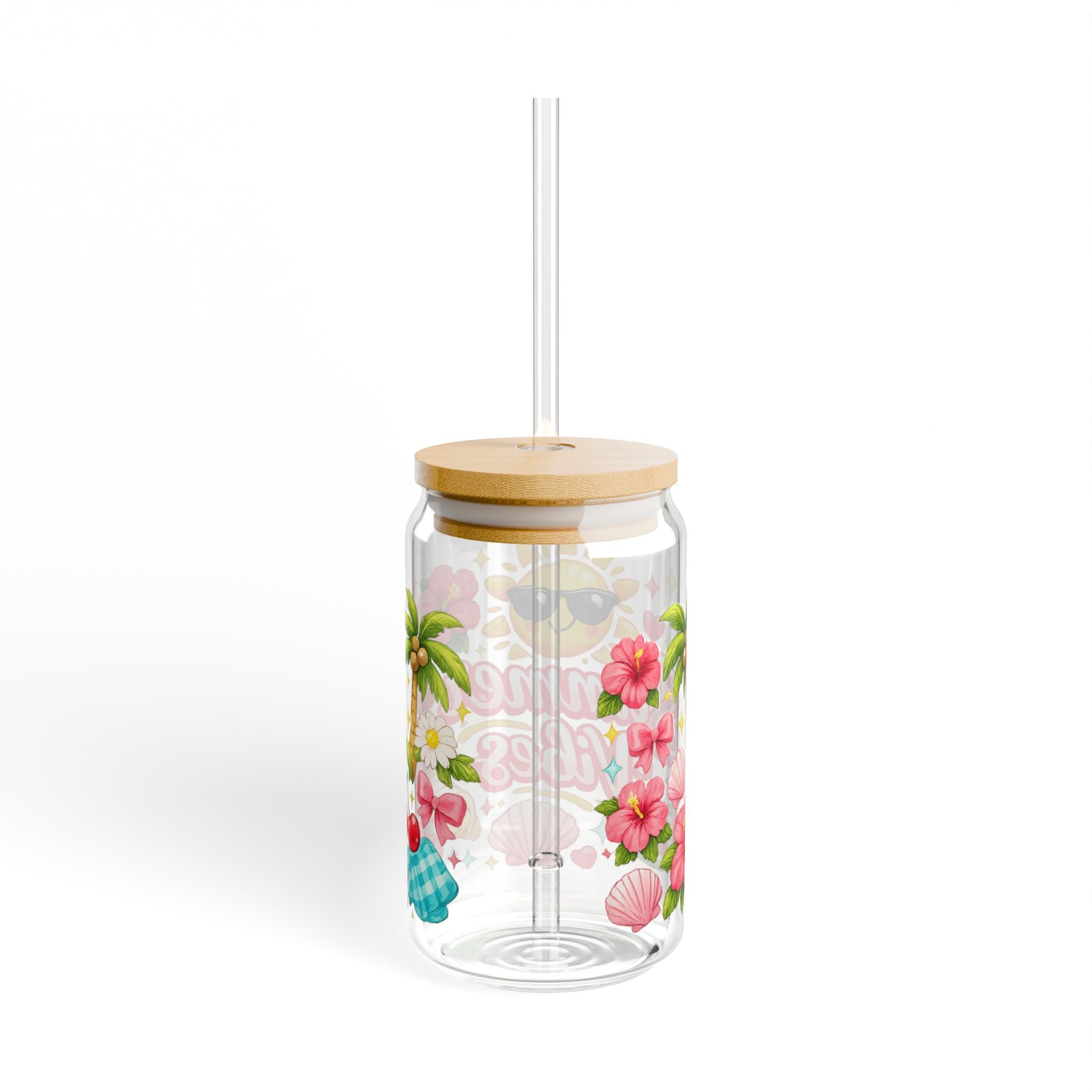 Summer Vibes Glass Tumbler with Bamboo Lid & Glass Straw | Cute Tropical Iced Coffee Cup | Beach Lover Gift