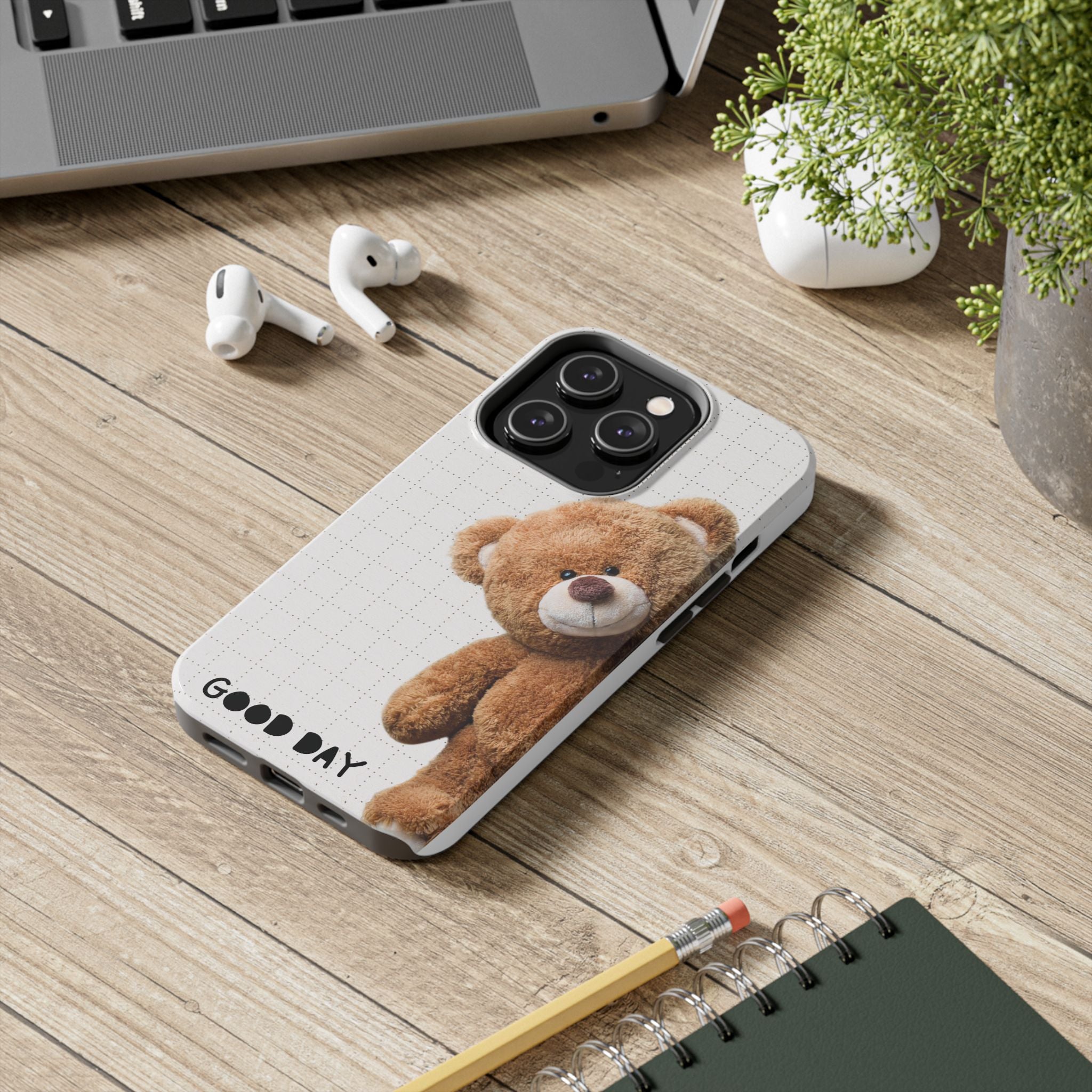 Teddy Bear Tough Phone Case — Cute Plush Peeking Design, Protective Shockproof Cover