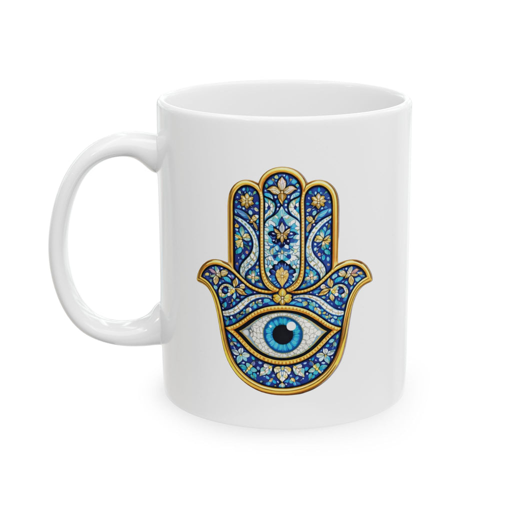 Hamsa Art Ceramic Mug — Blue Gold Protective Hand Design (11oz, 15oz)