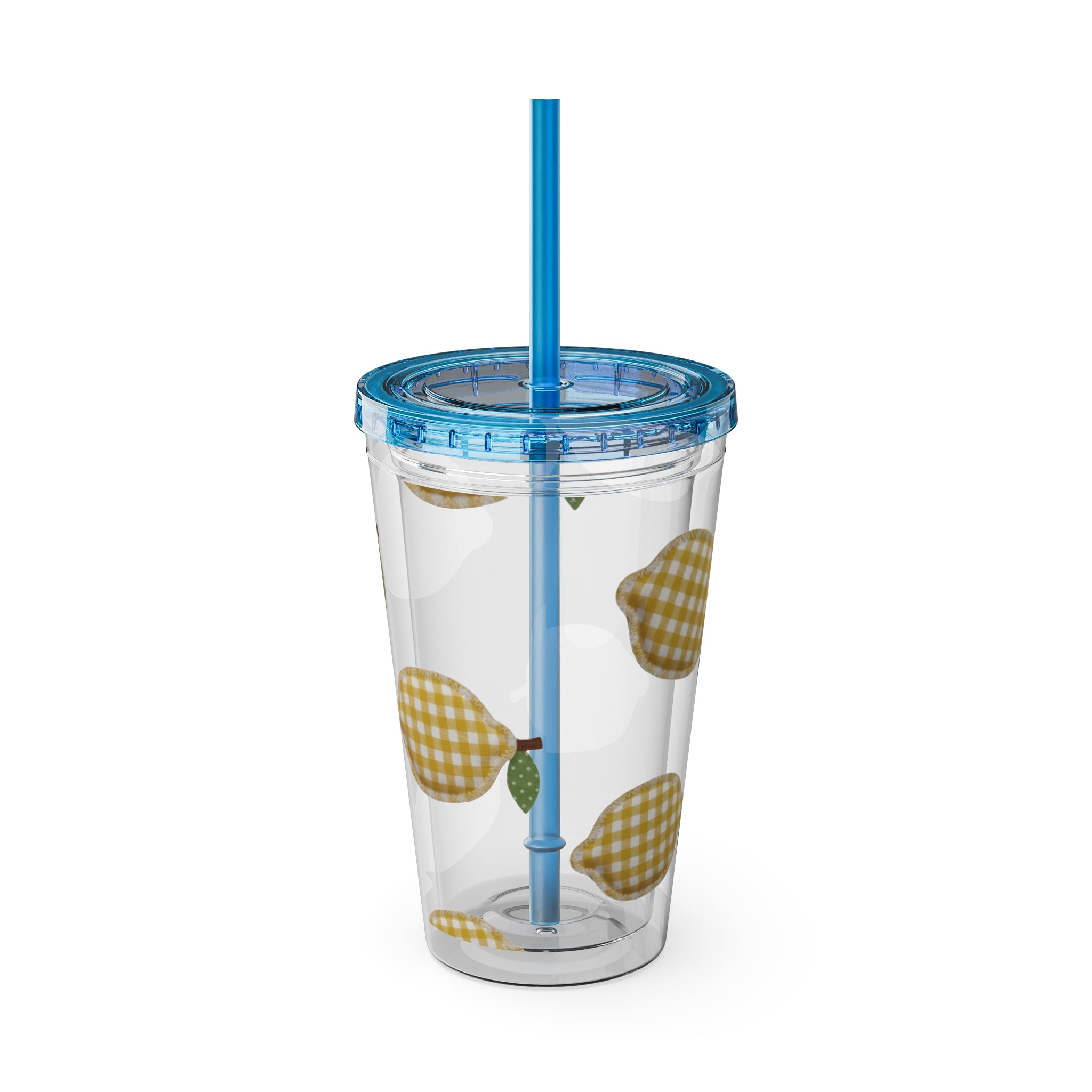 Gingham Pear Sunsplash Tumbler, 16oz Clear Travel Cup with Straw