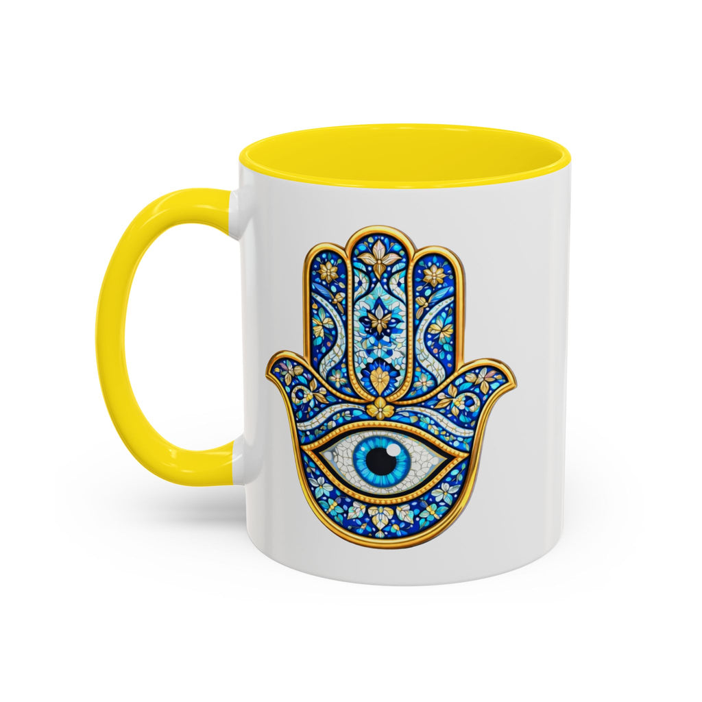 Hamsa Hand Accent Coffee Mug – Blue Protective Evil Eye Ceramic Mug (11/15oz)