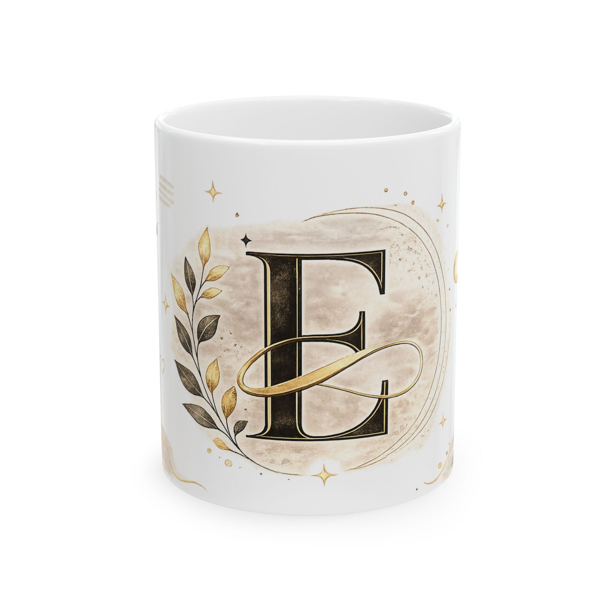Monogram E Ceramic Mug — Gold Letter E Initial Coffee Cup