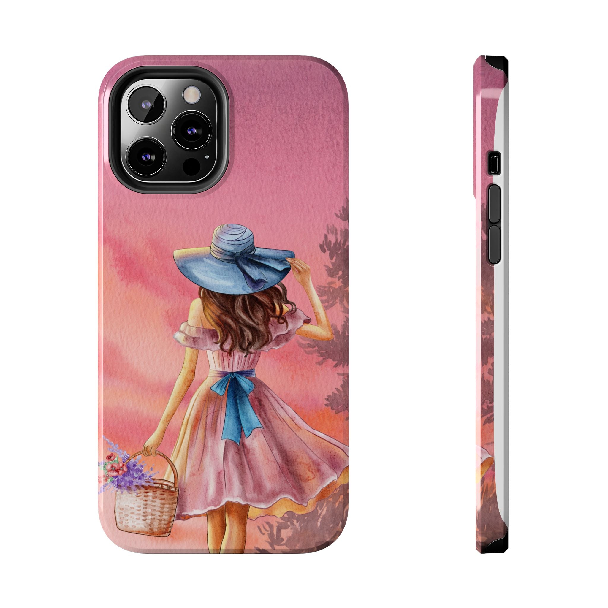 Pastel Picnic Girl Phone Case — Protective Tough Phone Case with Watercolor Sunset Design