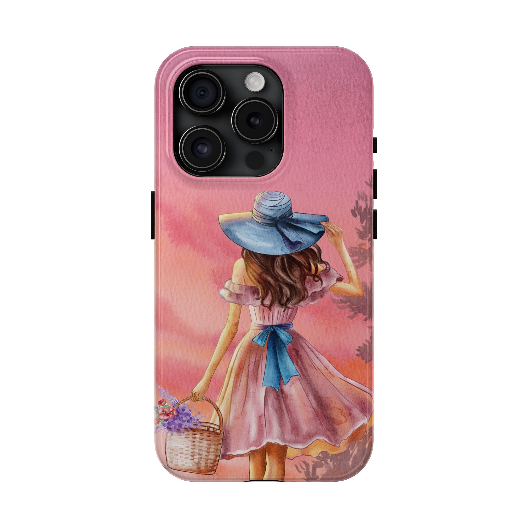 Pastel Picnic Girl Phone Case — Protective Tough Phone Case with Watercolor Sunset Design