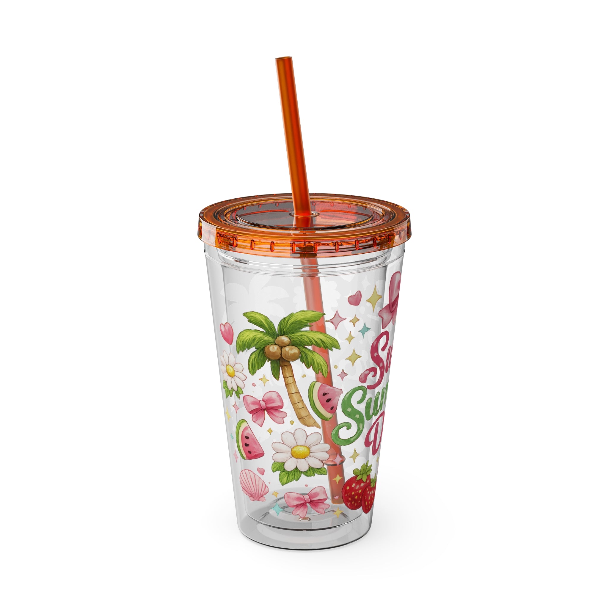 Sweet Summer Days Tumbler — 16oz Clear Straw Cup with Tropical Fruits & Bow Design