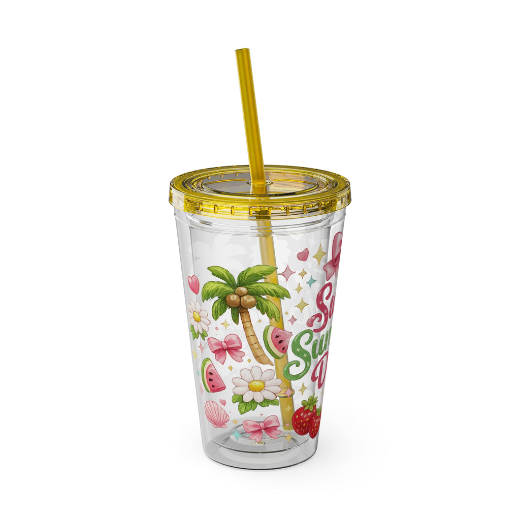 Sweet Summer Days Tumbler — 16oz Clear Straw Cup with Tropical Fruits & Bow Design