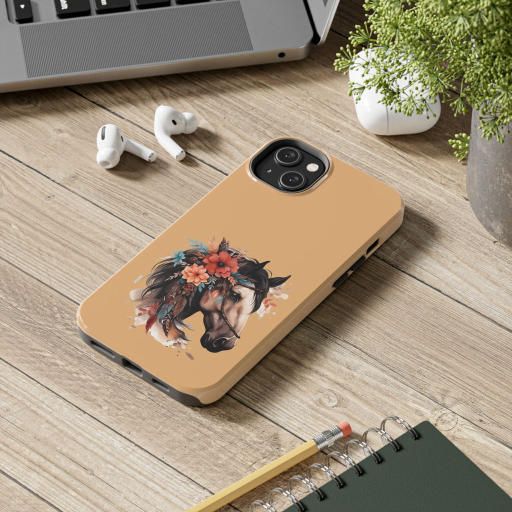 Horse Floral Tough Phone Case — Protective iPhone Cover with Boho Horse Head Design
