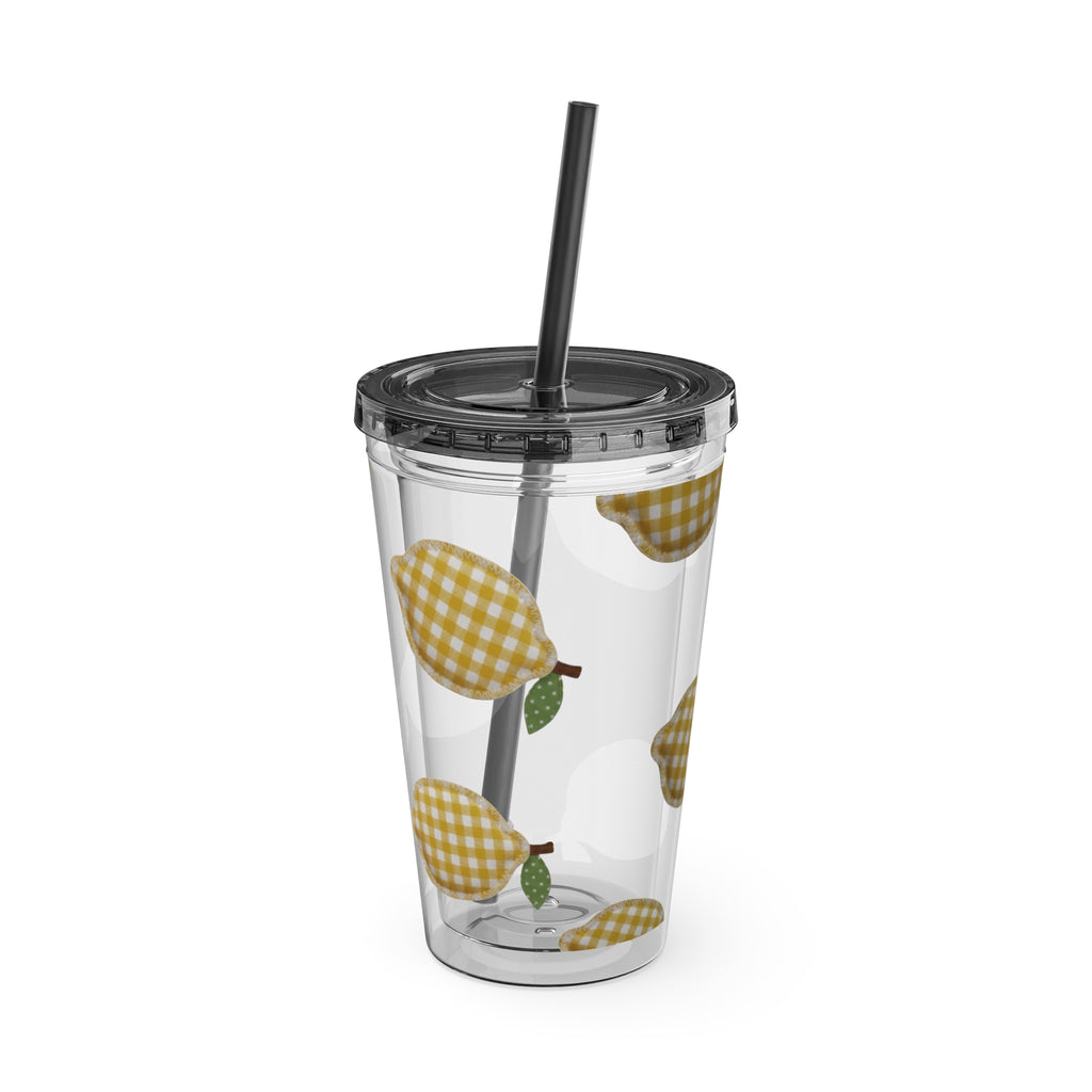 Gingham Pear Sunsplash Tumbler, 16oz Clear Travel Cup with Straw