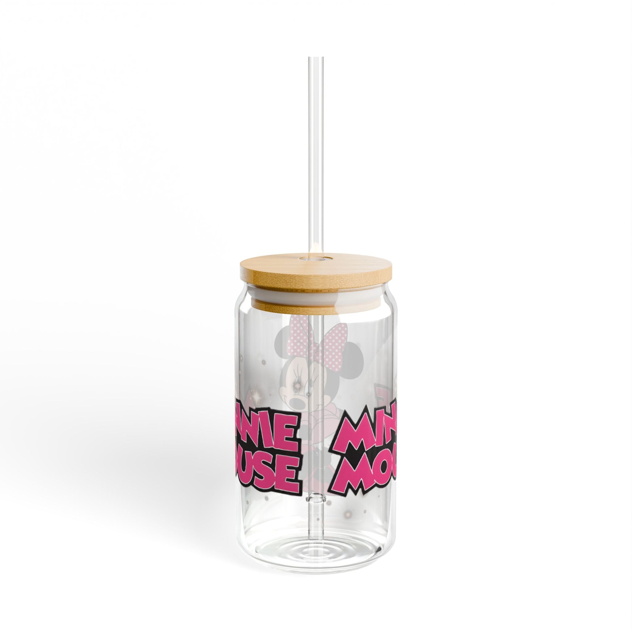 Minnie Mouse 16oz Sipper Glass with Bamboo Lid & Straw - Disney Pink Cartoon Drink Tumbler