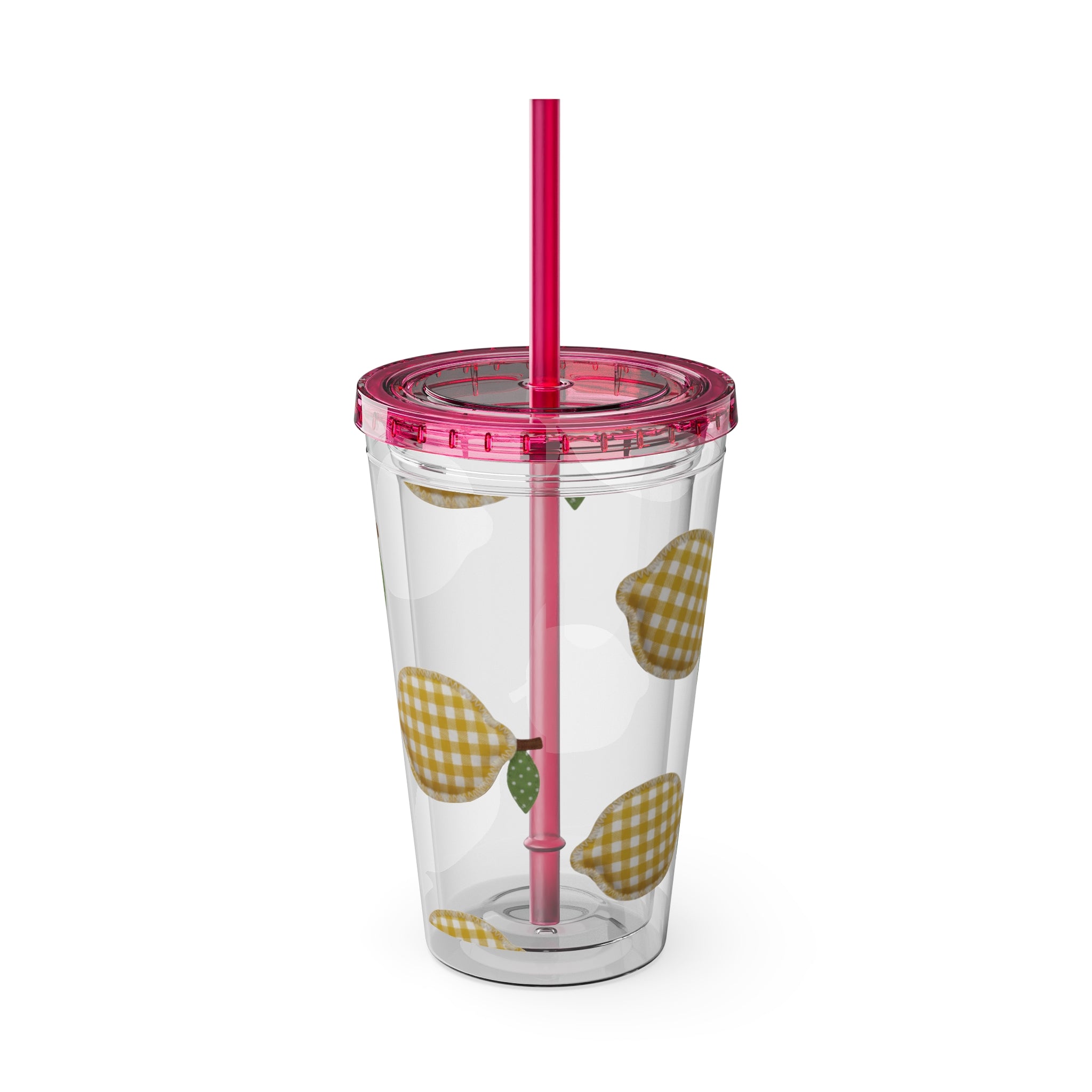 Gingham Pear Sunsplash Tumbler, 16oz Clear Travel Cup with Straw