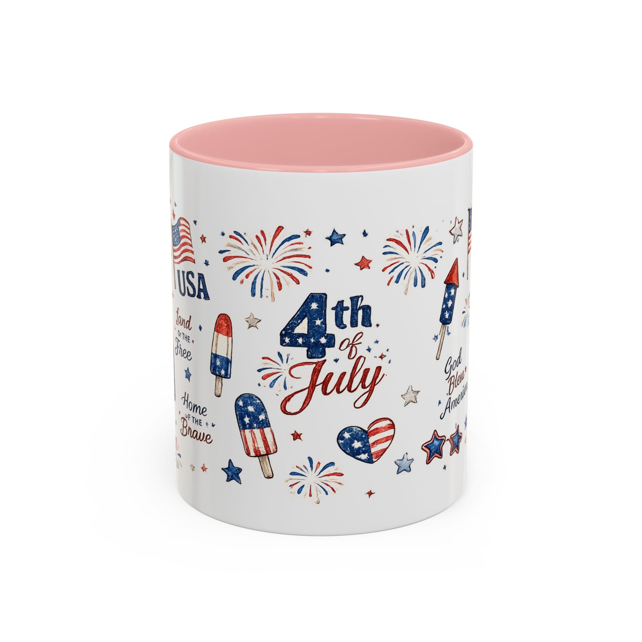 4th of July Accent Coffee Mug — Patriotic Fireworks & God Bless America Design (11oz)