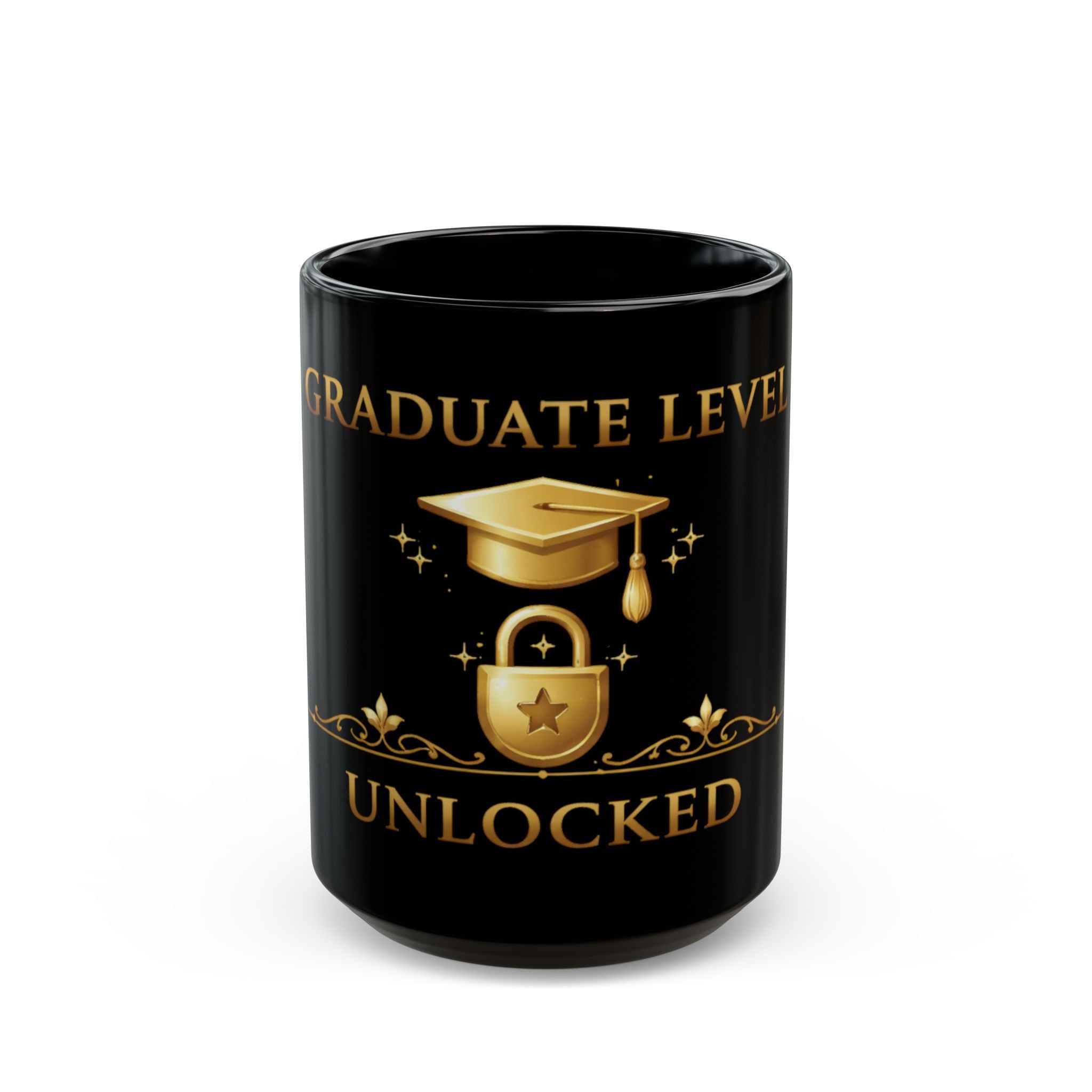 Graduation Level Unlocked Mug — Black Ceramic 11oz/15oz (Gold Cap & Lock Design)