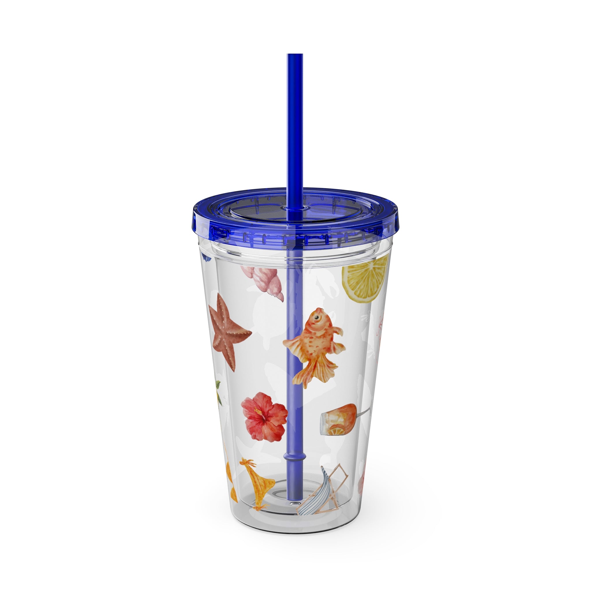 16oz Sunsplash Tumbler with Straw — Beach Shell & Tropical Watercolor Pattern