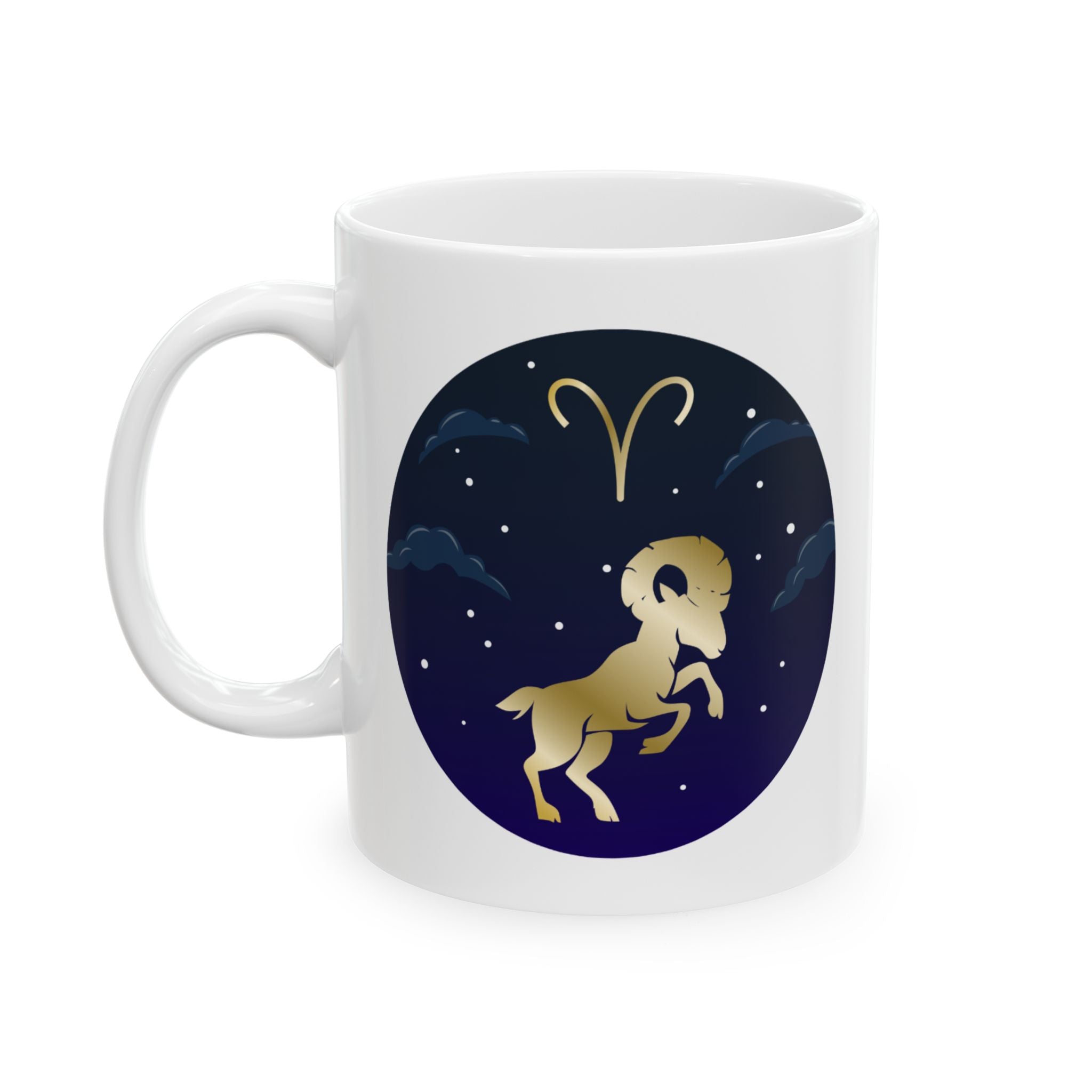 Aries Dreamy Night Cat Ceramic Mug – Starry Moon Cat Illustration (11oz, 15oz)