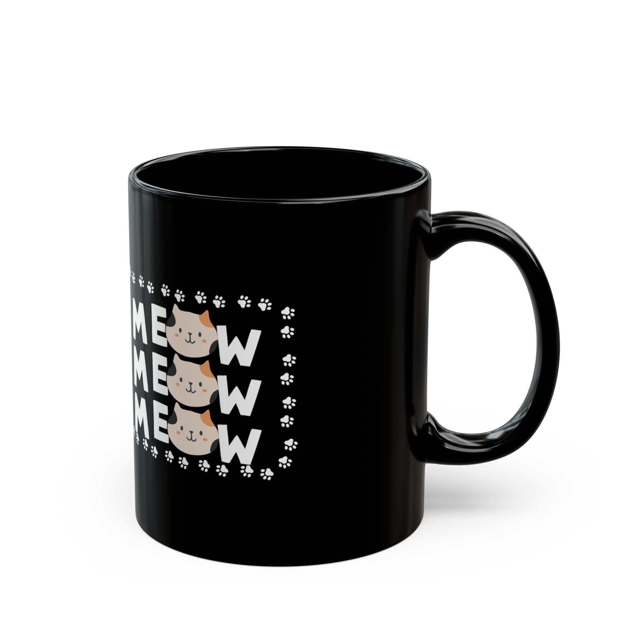 Meow Cat Mug — Black Ceramic Coffee Cup with Cute Cat Faces & Paw Print Pattern