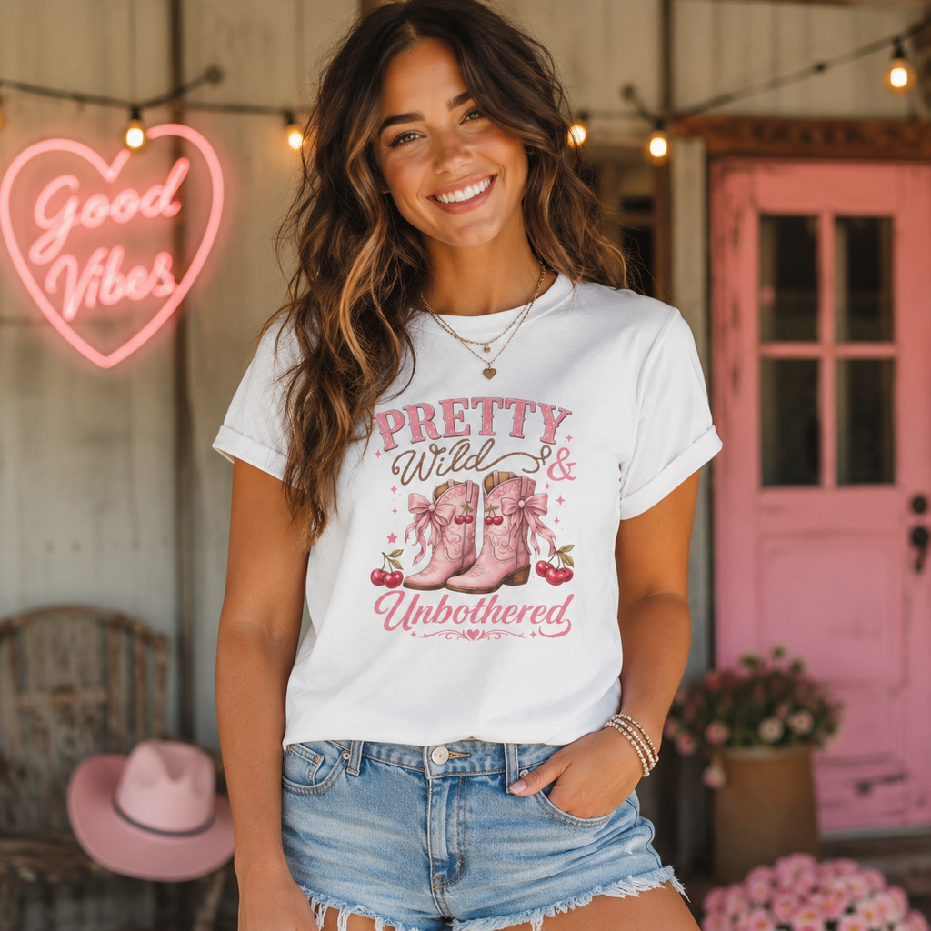 Coquette Cowgirl T-Shirt | Pretty Wild & Unbothered Pink Boots Graphic Tee