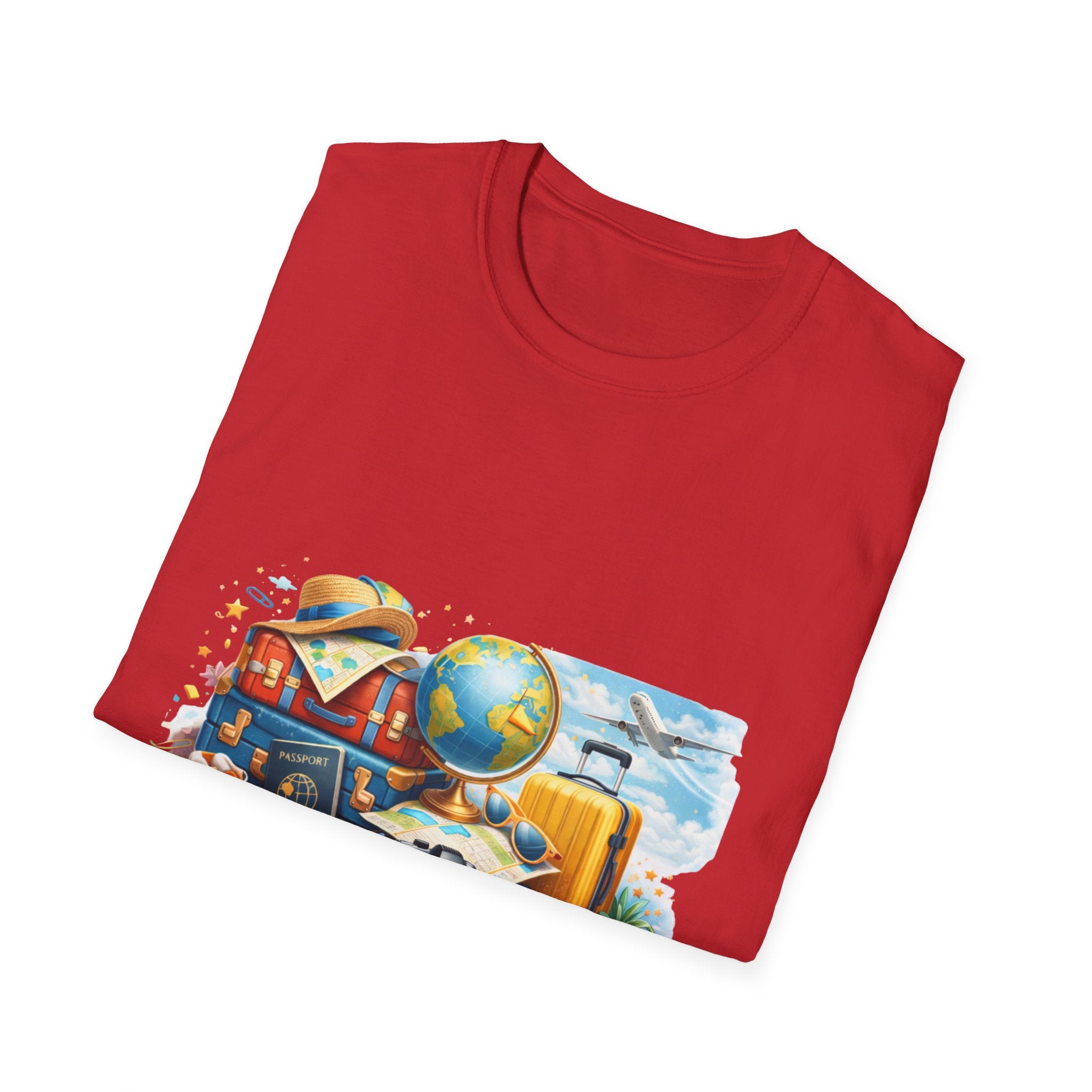 Travel Vibes T-Shirt — Retro Luggage, Globe & Camera Design