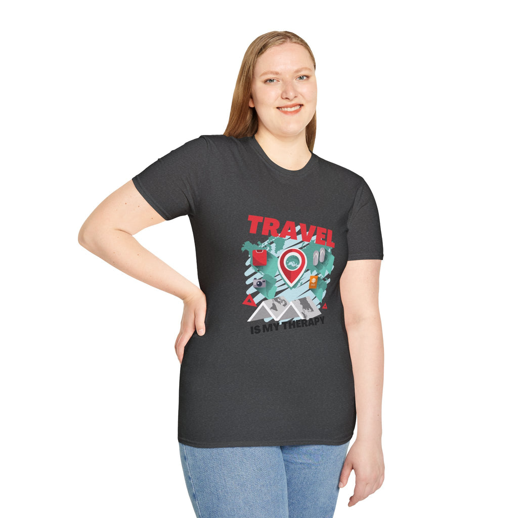 Travel Is My Therapy T-Shirt — Wanderlust Map Tee for Travelers & Adventure Lovers