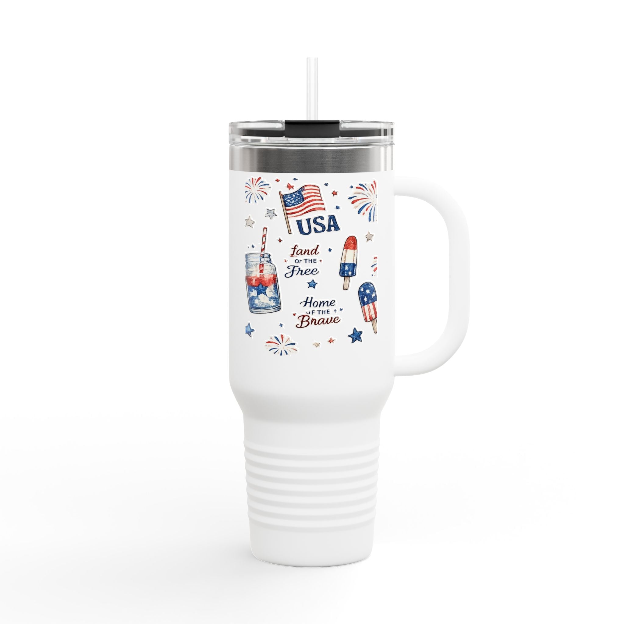 40oz Insulated Travel Mug — Patriotic USA Fourth of July Design (Land of the Free, Home of the Brave)