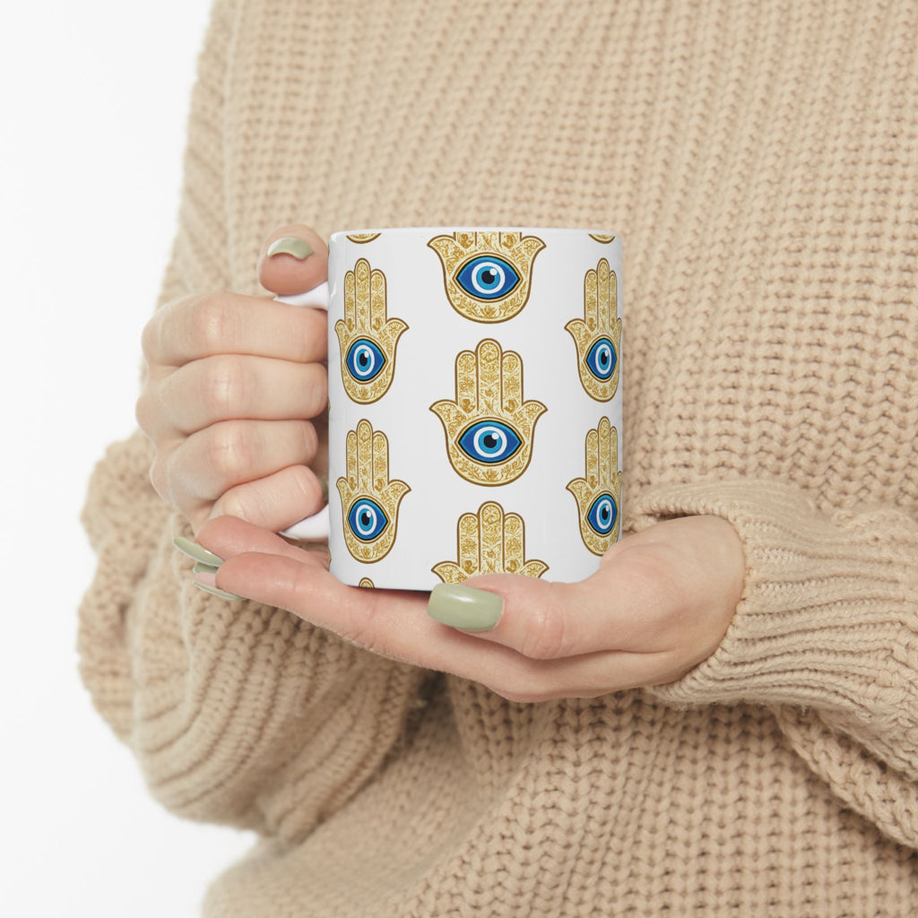 Evil Eye Hamsa Ceramic Mug — Protective Symbol Pattern (11oz & 15oz)