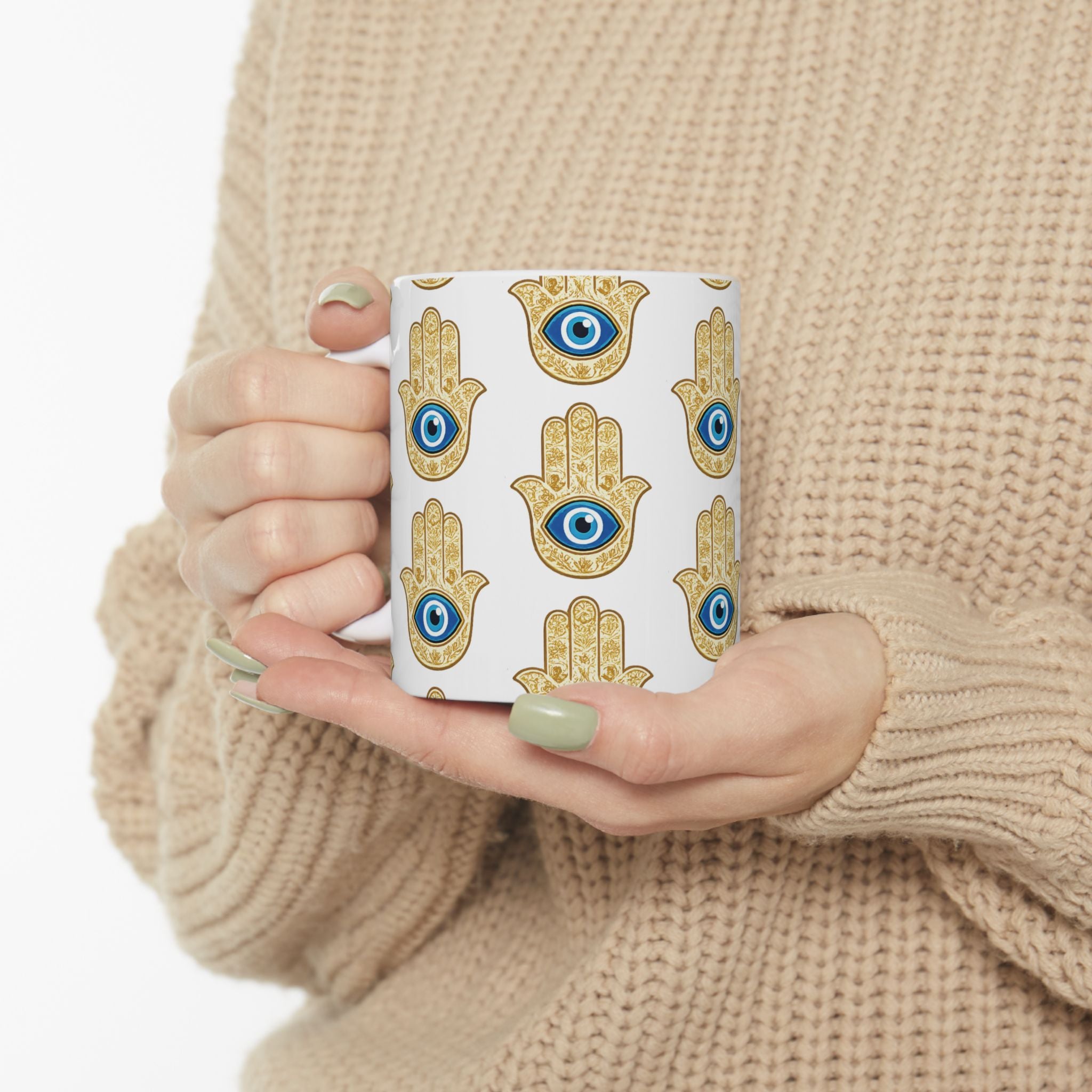 Evil Eye Hamsa Ceramic Mug — Protective Symbol Pattern (11oz & 15oz)