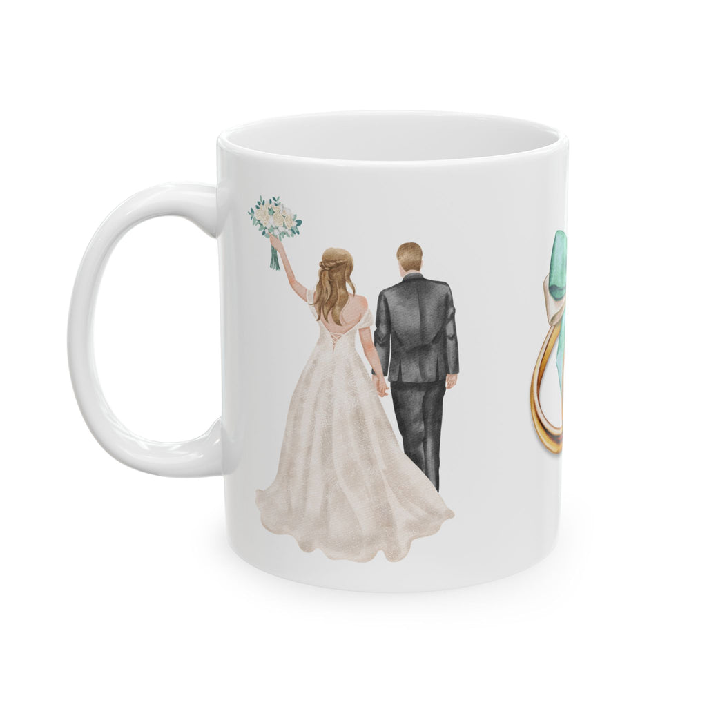 Wedding Rings & Couple Ceramic Mug — Bride and Groom Illustration (11oz/15oz)