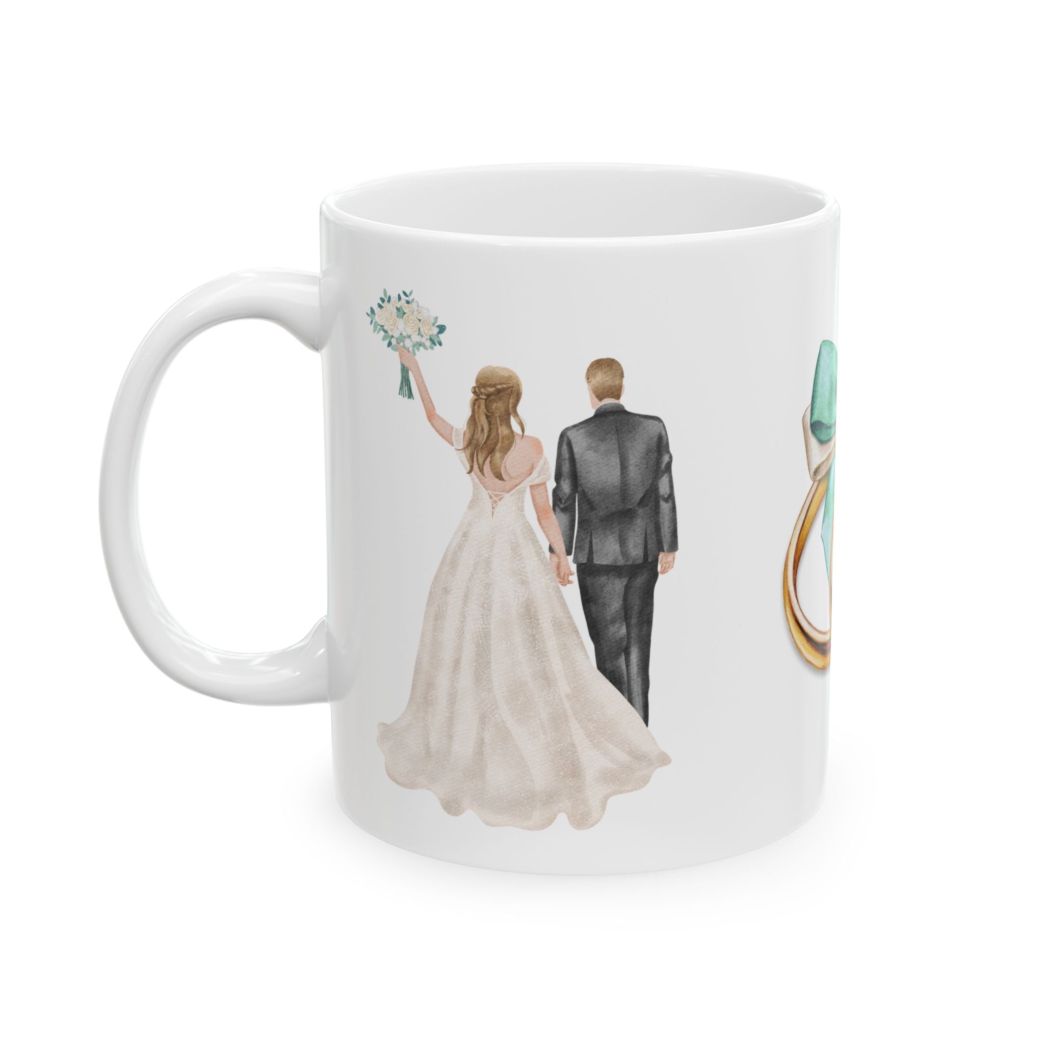 Wedding Rings & Couple Ceramic Mug — Bride and Groom Illustration (11oz/15oz)