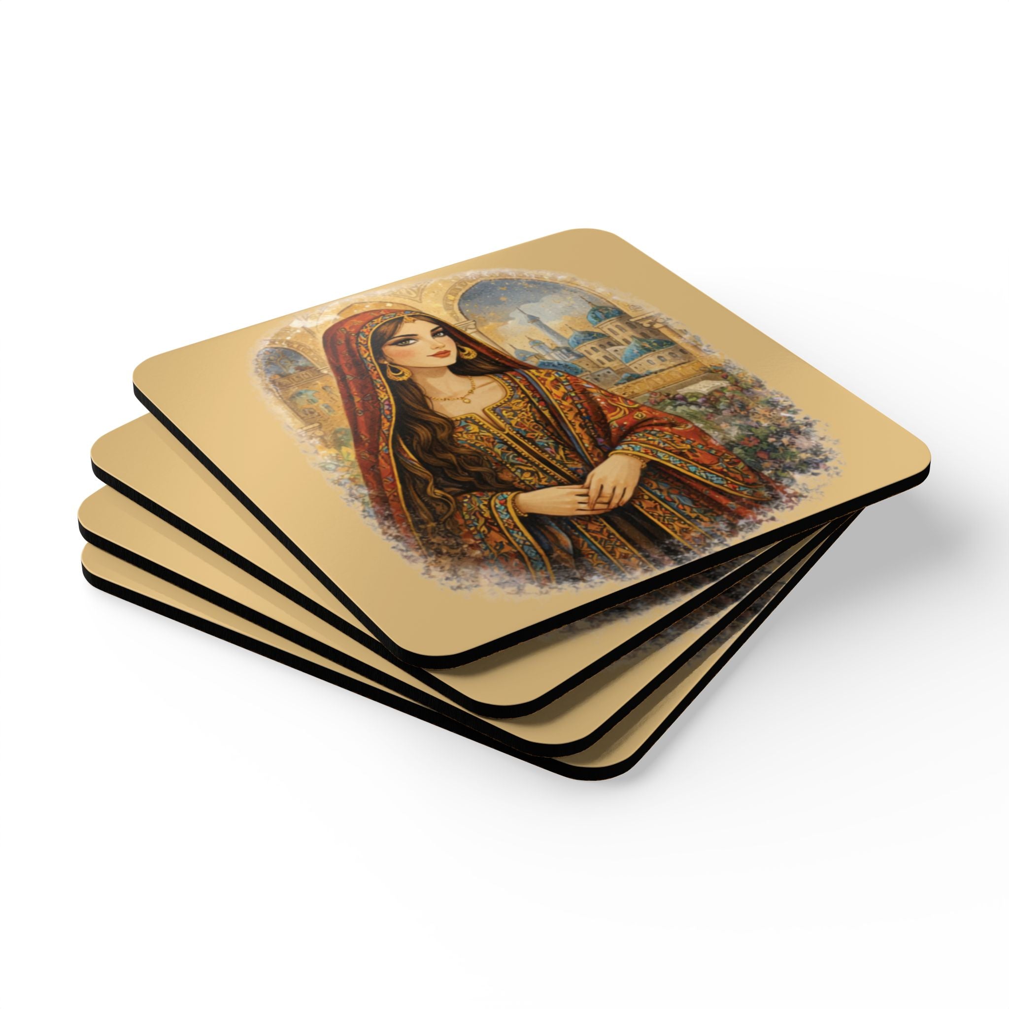 Cork Coaster Set — Vintage Middle Eastern Woman Illustration