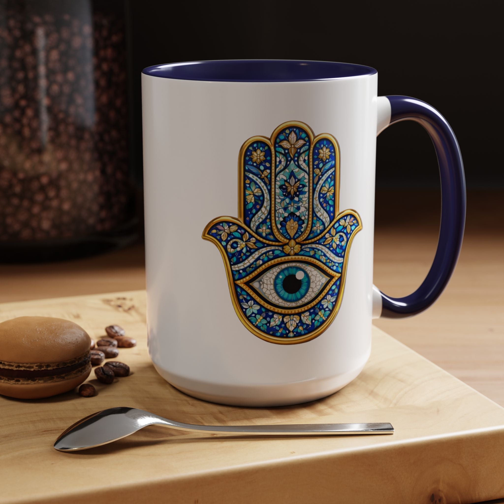 Hamsa Hand Accent Coffee Mug – Blue Protective Evil Eye Ceramic Mug (11/15oz)