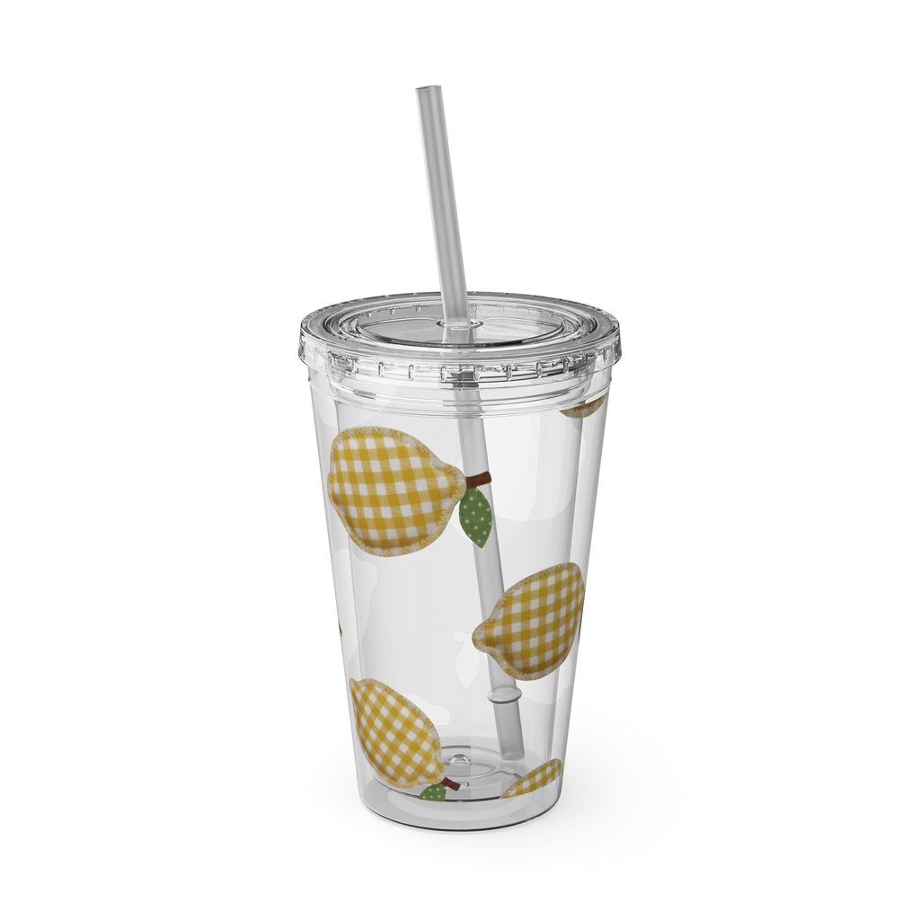 Gingham Pear Sunsplash Tumbler, 16oz Clear Travel Cup with Straw
