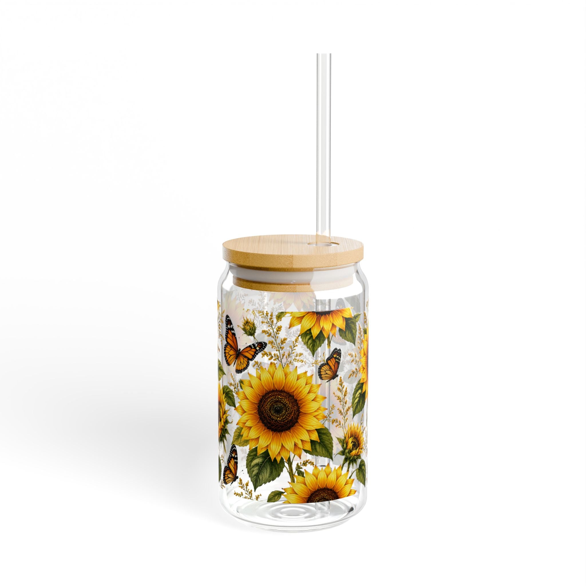 Sunflower & Butterfly Sipper Glass — 16oz Reusable Straw Tumbler
