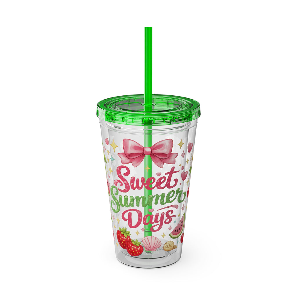 Sweet Summer Days Tumbler — 16oz Clear Straw Cup with Tropical Fruits & Bow Design