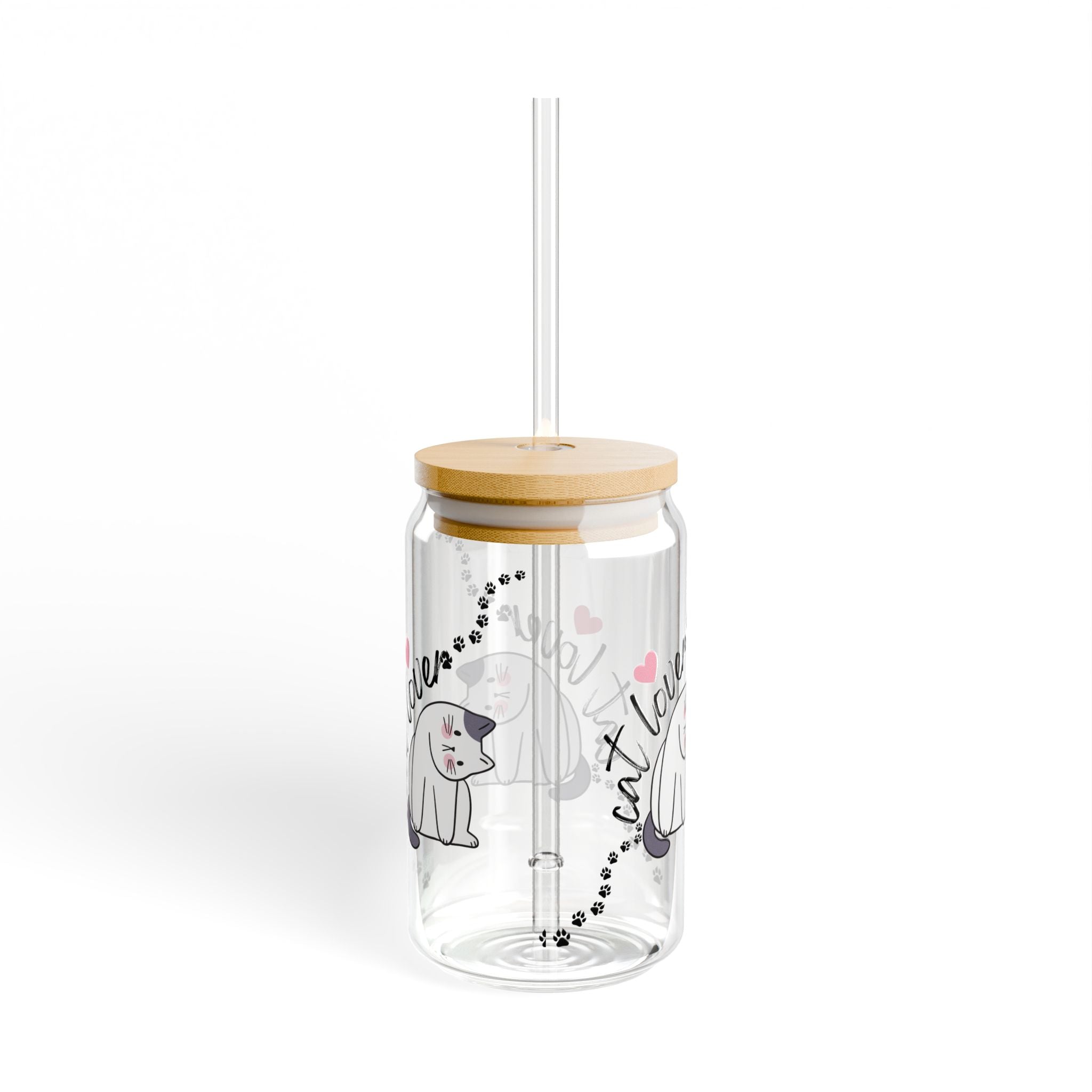 Cat Lover 16oz Glass Sipper with Bamboo Lid & Straw