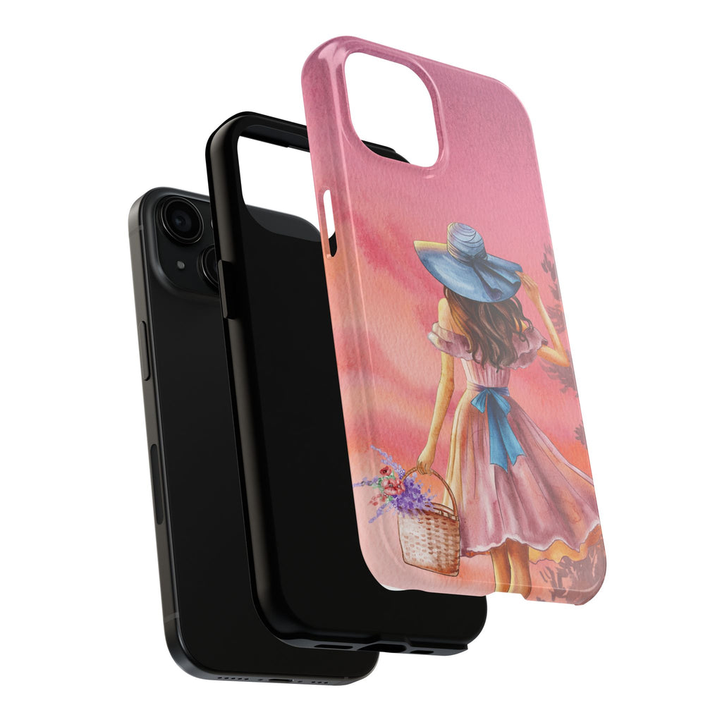 Pastel Picnic Girl Phone Case — Protective Tough Phone Case with Watercolor Sunset Design