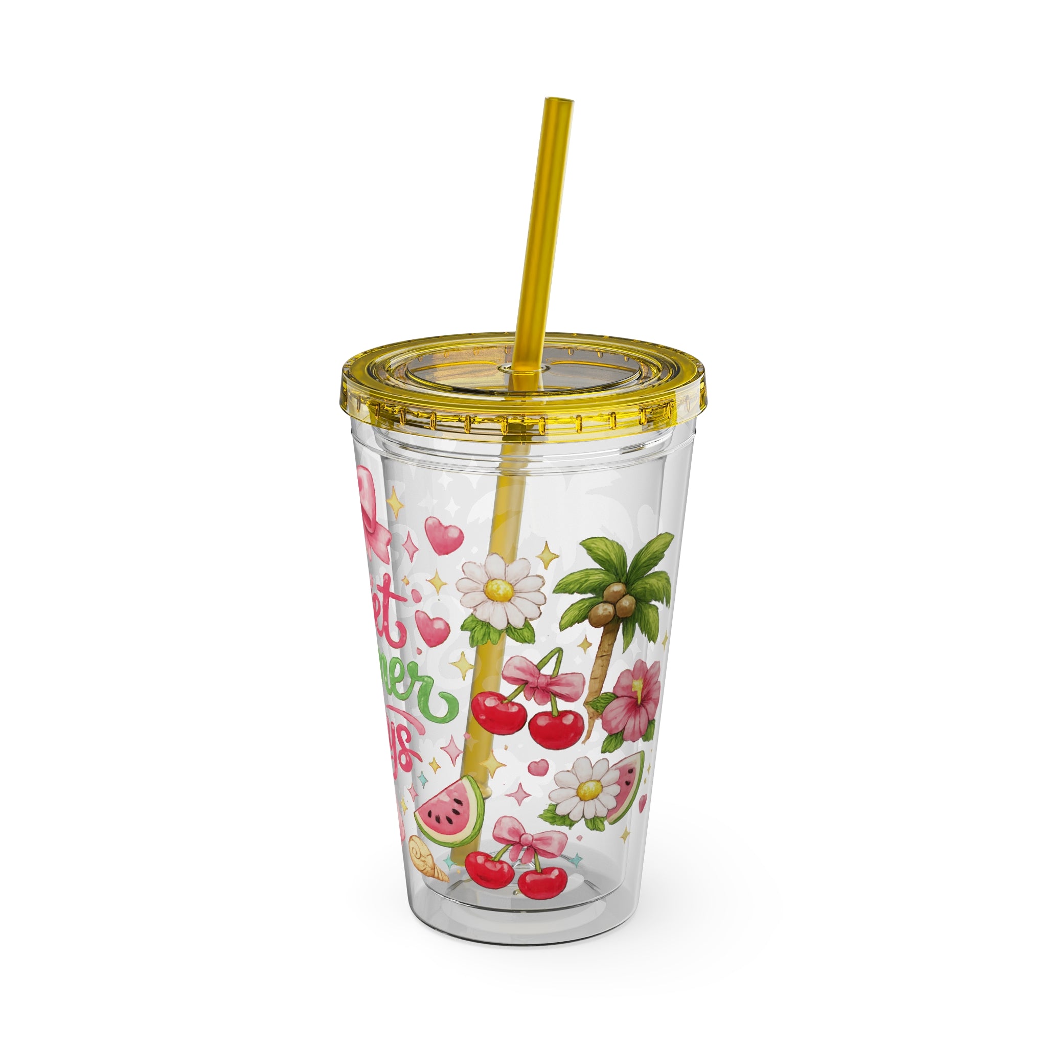 Sweet Summer Days Tumbler — 16oz Clear Straw Cup with Tropical Fruits & Bow Design