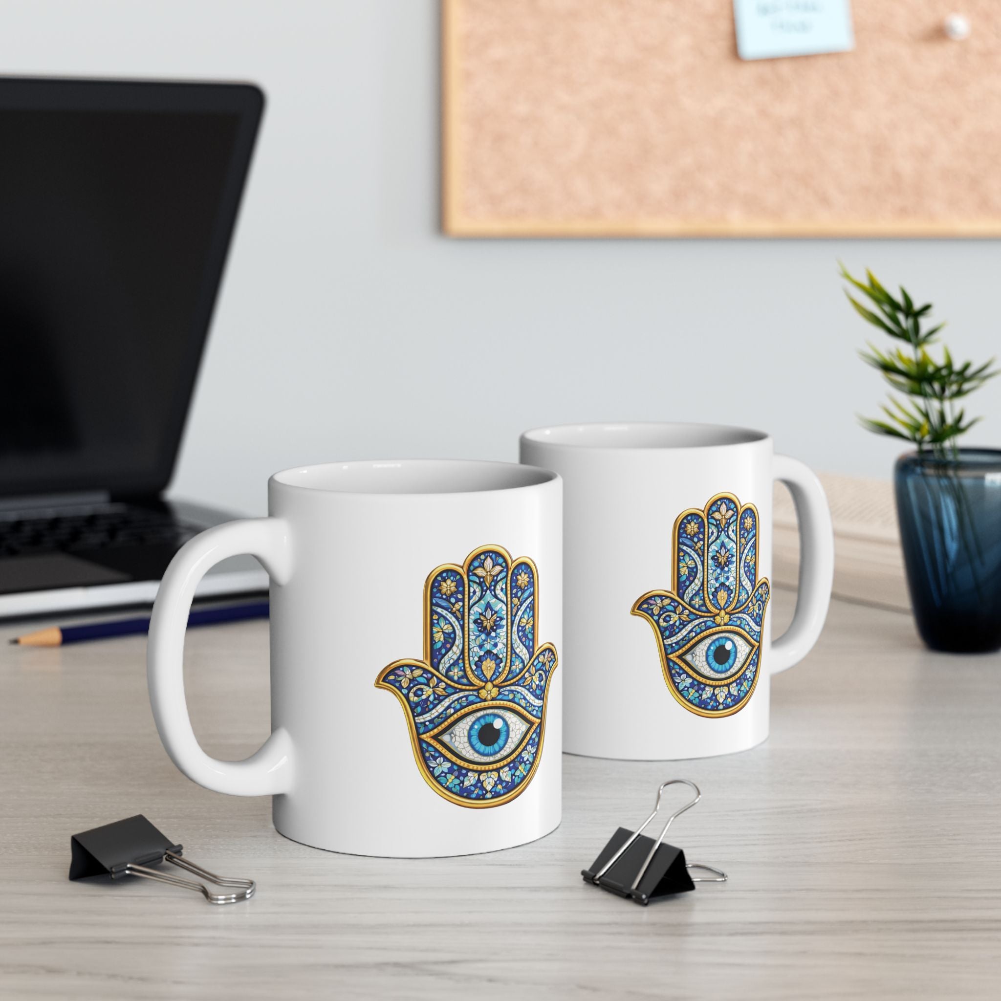 Hamsa Art Ceramic Mug — Blue Gold Protective Hand Design (11oz, 15oz)