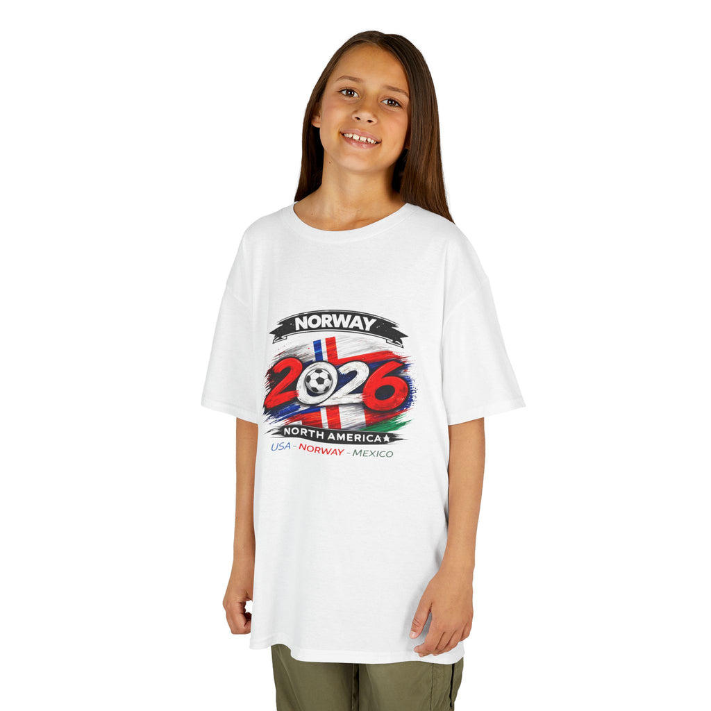 Kids Norway 2026 Cup Soccer T-Shirt — Norwegian Flag Trophy Tee