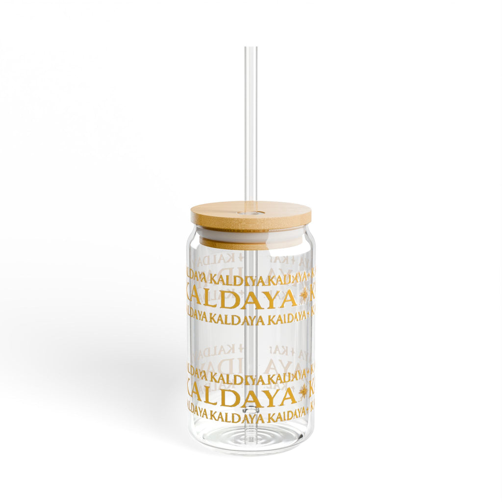 Kaldaya Repeated Logo 16oz Sipper Glass with Bamboo Lid & Straw