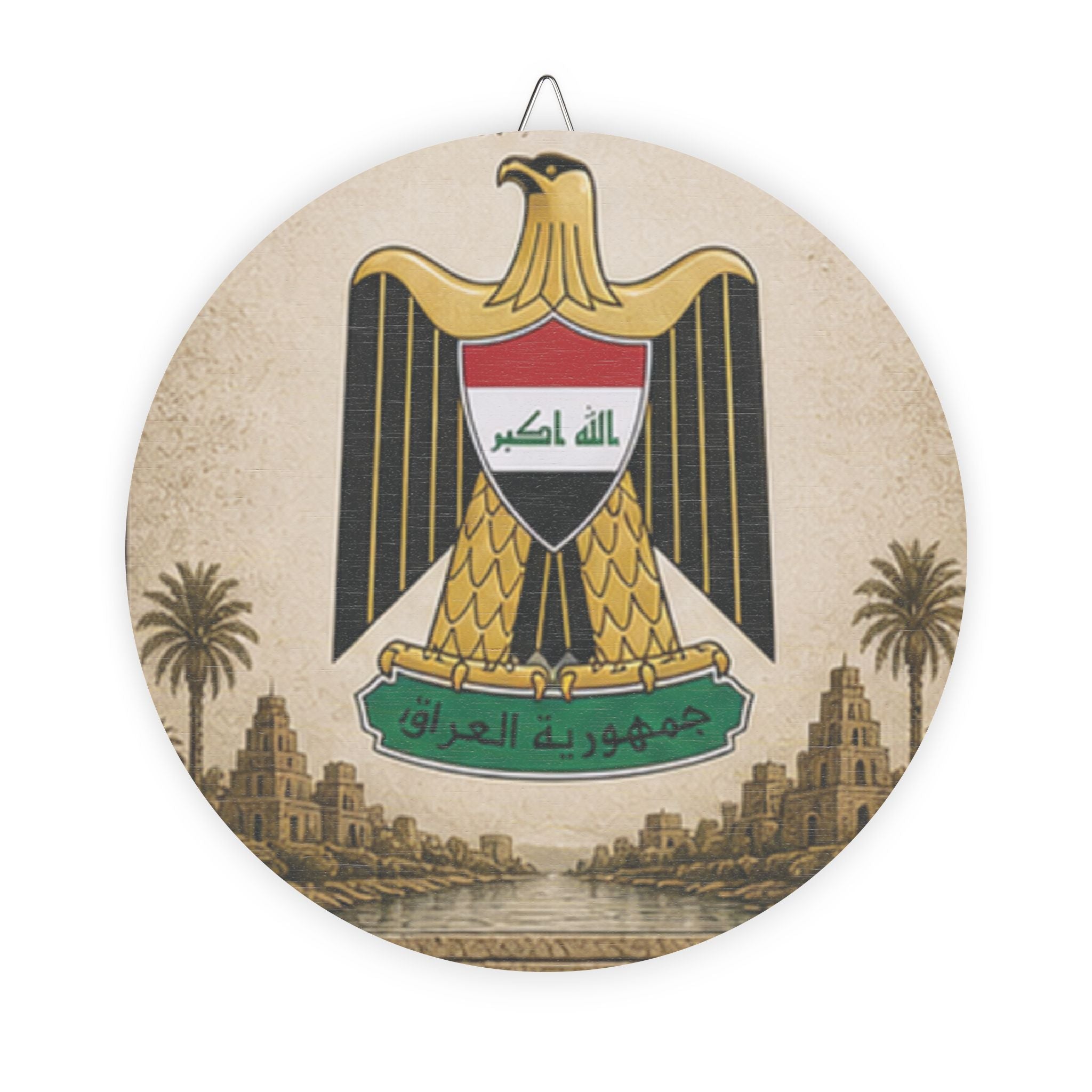 Iraq Emblem Round Wood Sign – Vintage Iraqi Coat of Arms Wall Decor
