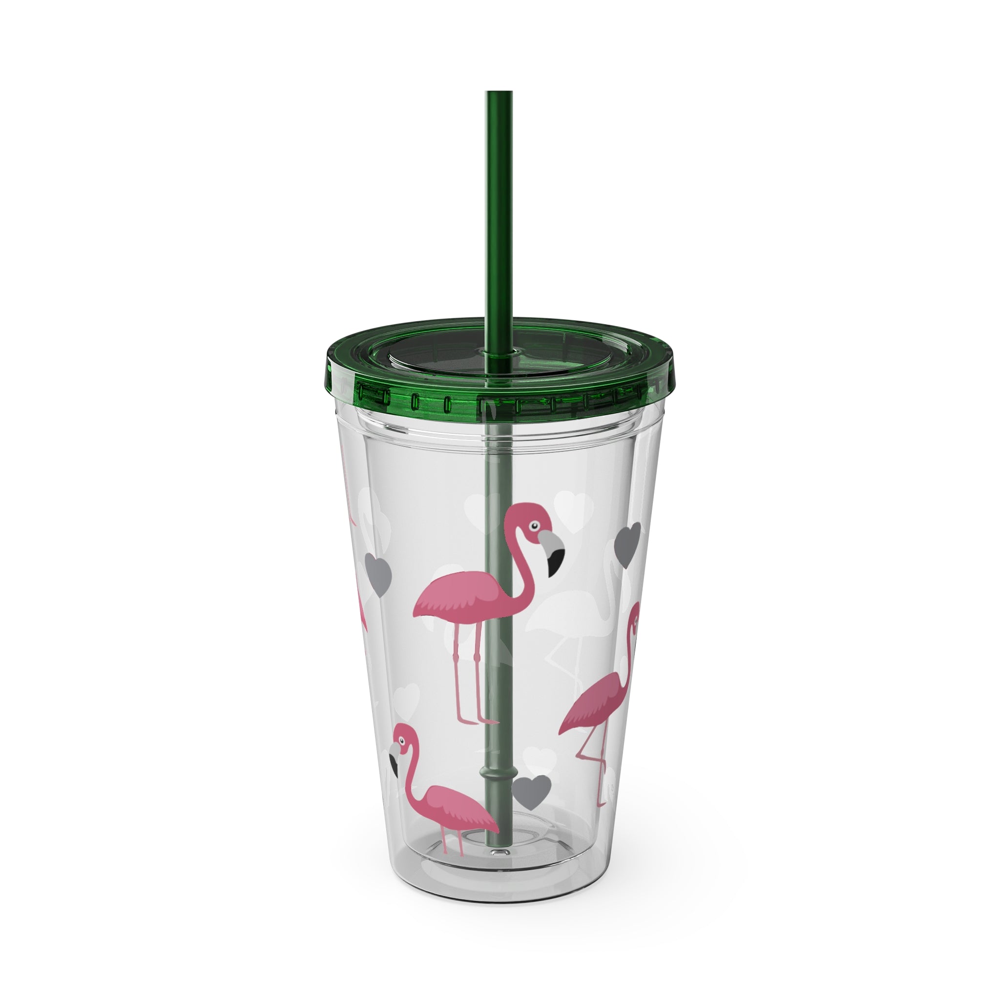 Flamingo Heart 16oz Tumbler with Straw — Cute Pink Flamingo Drink Cup