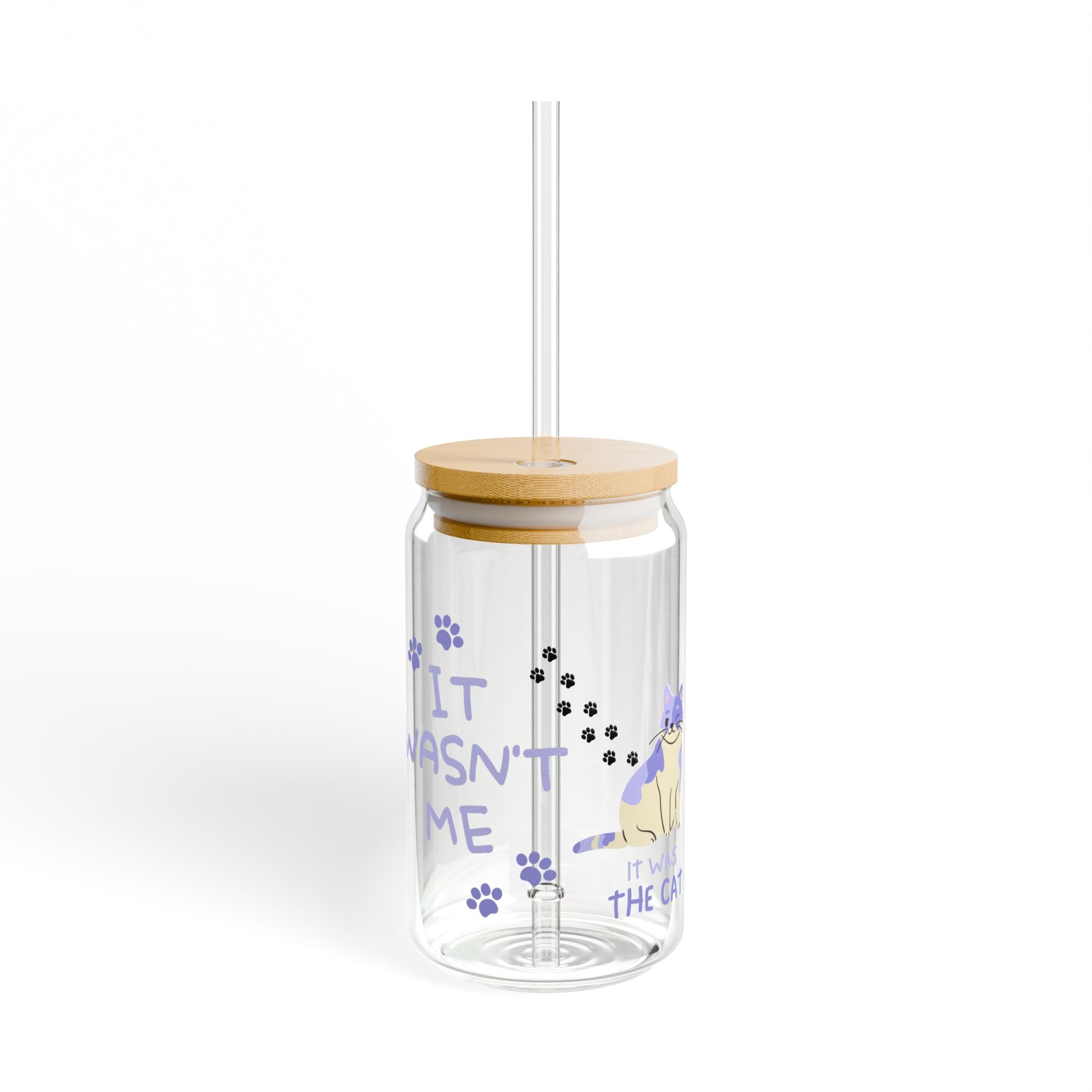 16oz Glass Sipper with Bamboo Lid — Funny Cat Paw Design: "It Wasn’t Me"