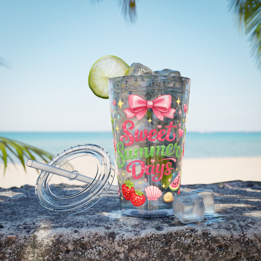 Sweet Summer Days Tumbler — 16oz Clear Straw Cup with Tropical Fruits & Bow Design