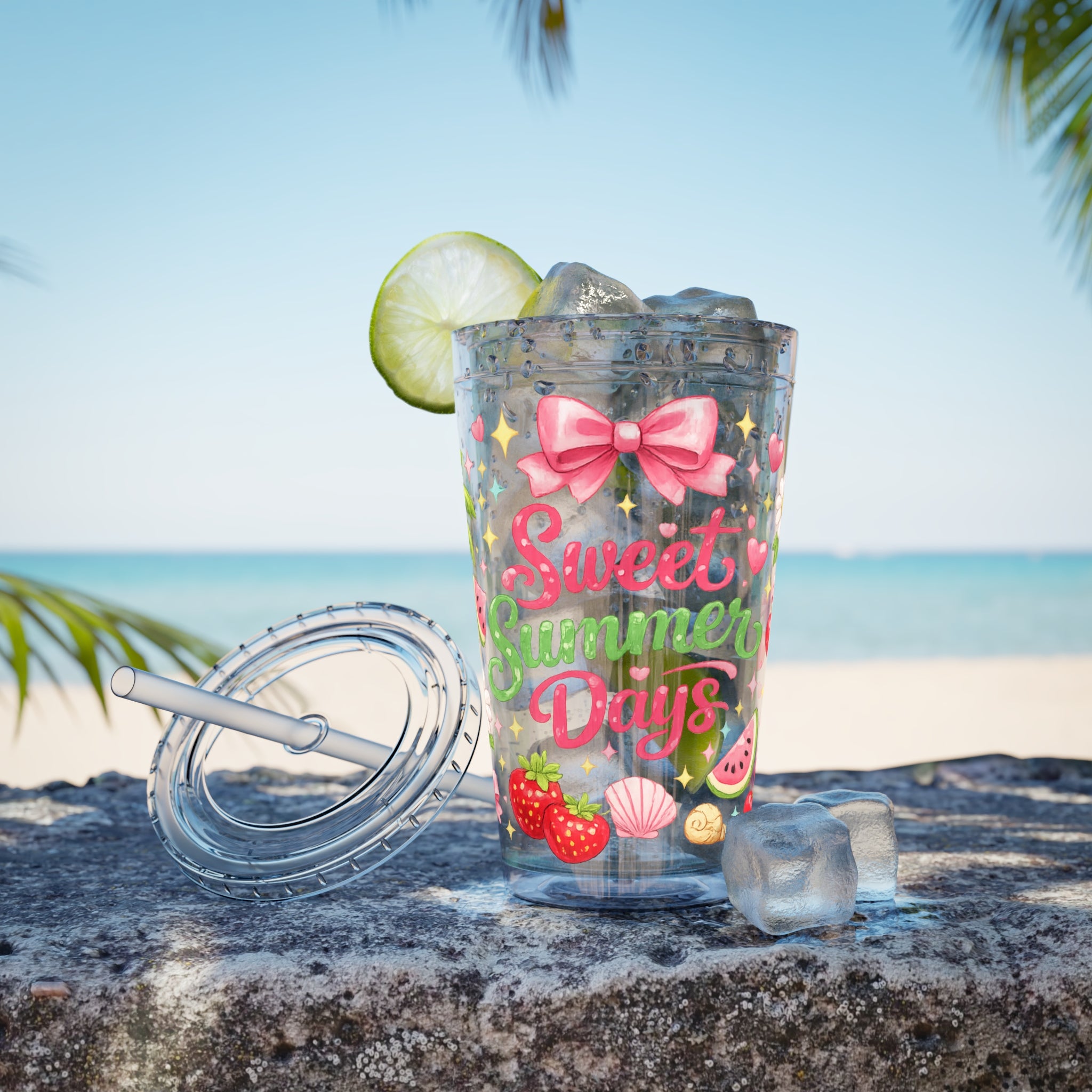 Sweet Summer Days Tumbler — 16oz Clear Straw Cup with Tropical Fruits & Bow Design