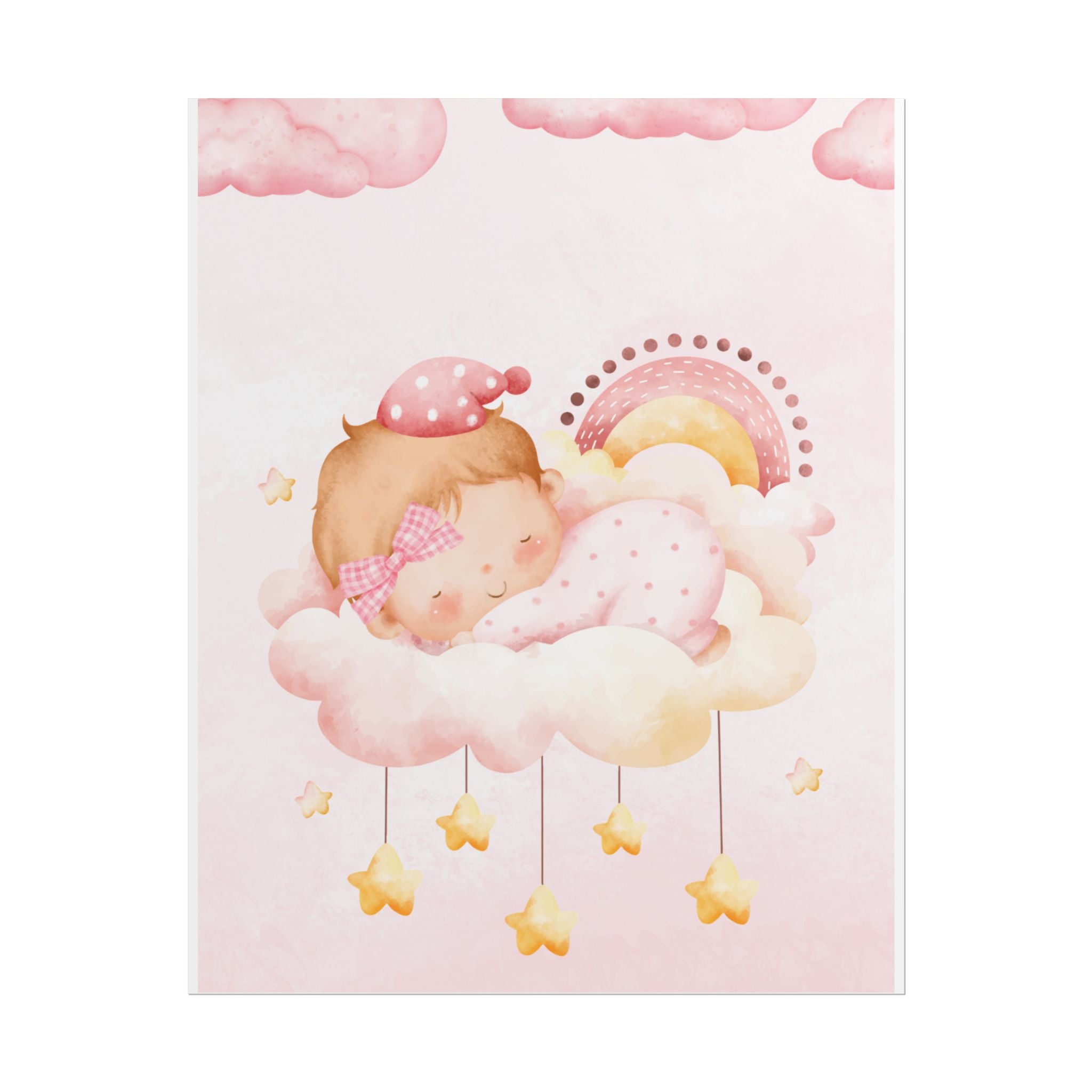 Baby Girl Nursery Poster – Sleeping Baby on Cloud Pink Wall Art